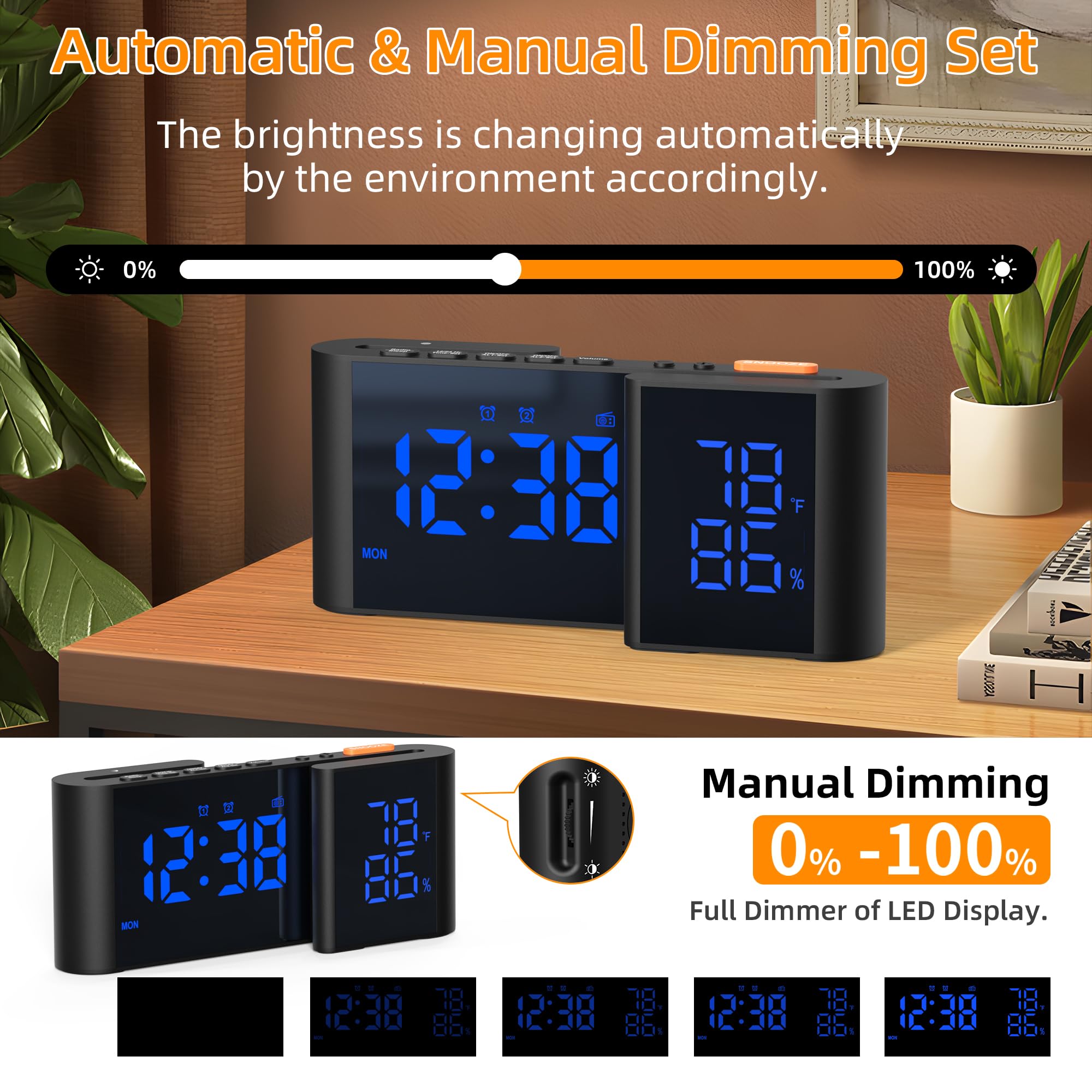 Digitaler Radiowecker 6'' Spiegel LED Uhr mit Luftfeuchtigkeit und Temperatur Duale Alarmeinstellung 15 Stufen einstellbare Lautstärke Schwarz-Blau