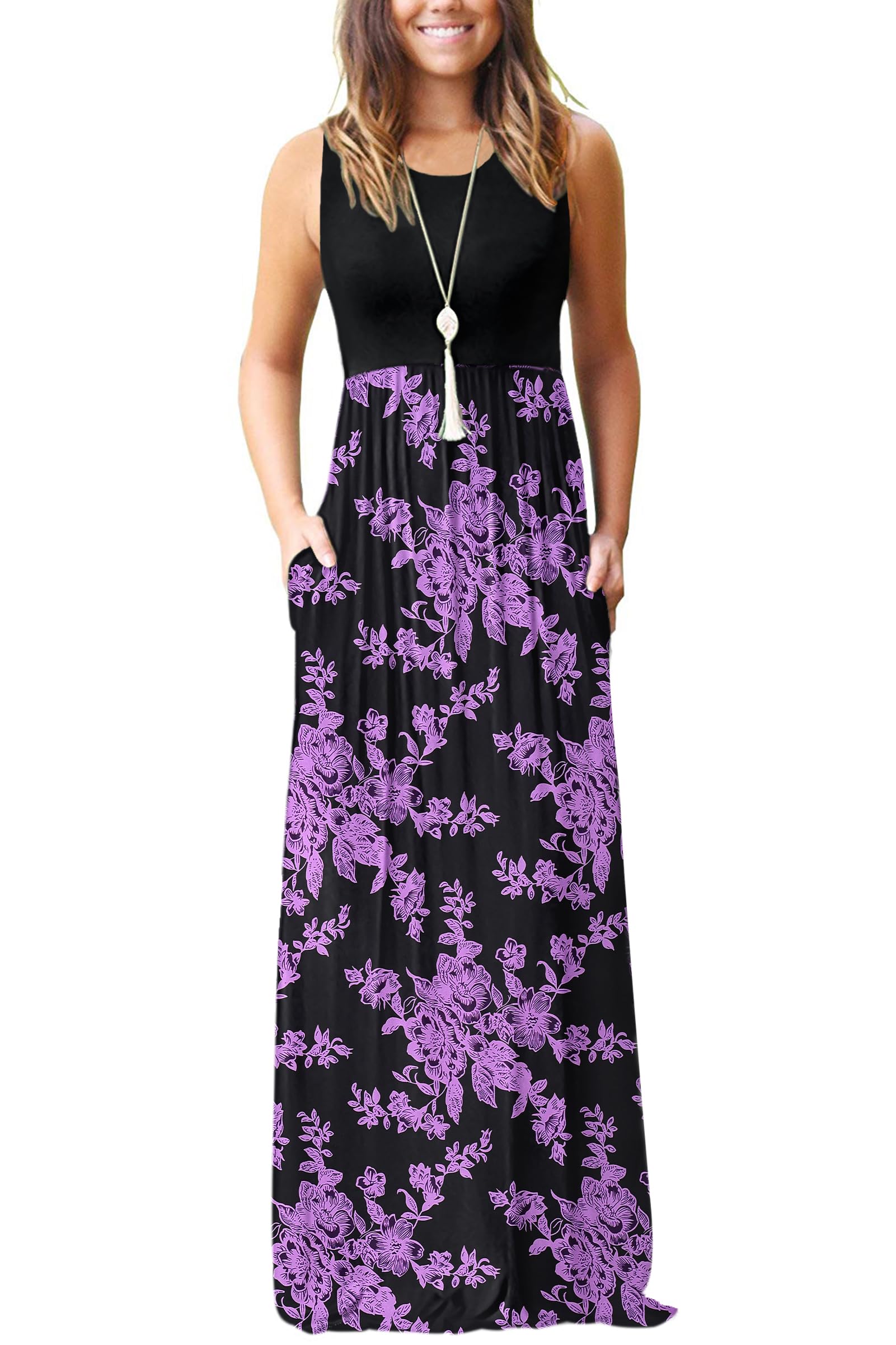 AUSELILY Women's Summer Sleeveless Loose Plain Casual Long Maxi Dresses | Year Round wear solid floral print, Casual daily wear, Empire waist, Floor length, Side pockets New