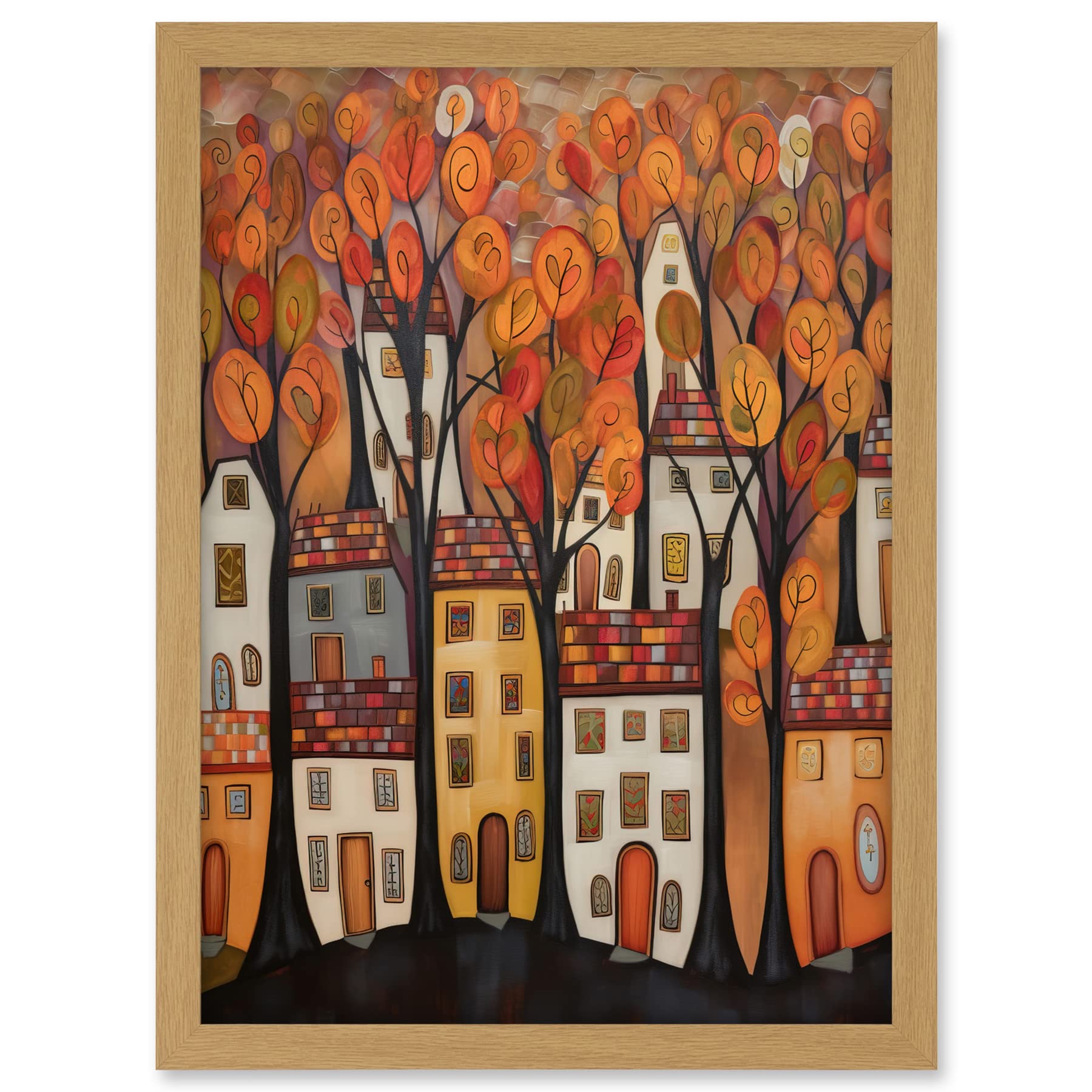 Artery8 Cityscape With Trees In Autumn Contemporary Folk Art Painting Artwork Framed A3 Wall Art Print