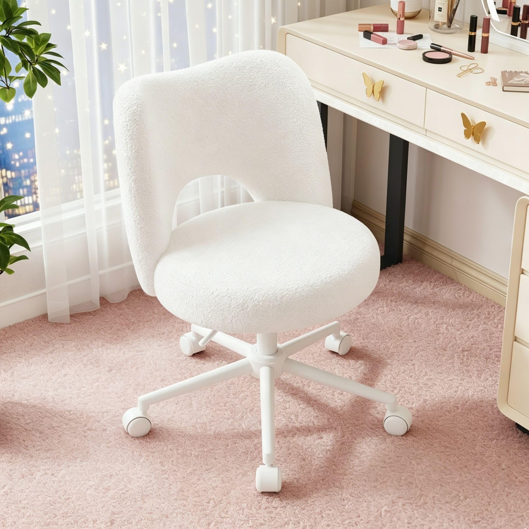 Cadeira Escritorio con Ruedas, Cadeira de Maquillaje de Peluche Transpirable, Ajustable en Altura, Adecuado para la Oficina, Habitación, Estúdio, como Regalo para la Familia, 150kg, Blanco