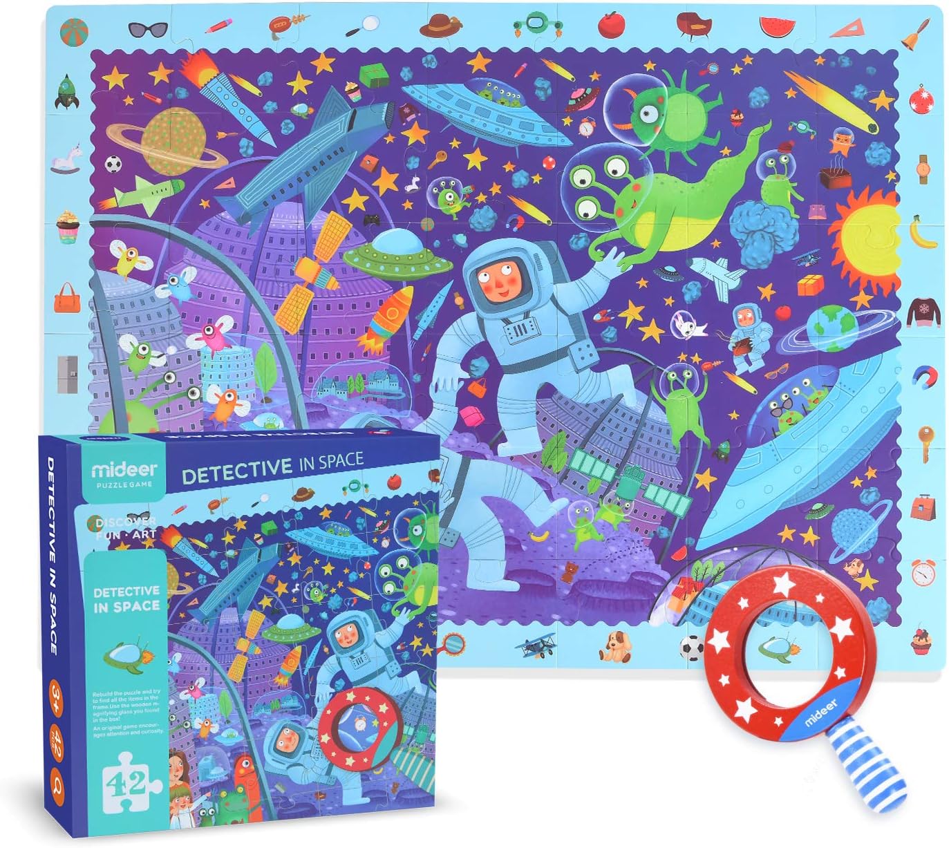 Mideer Detective in Space Toddler Jumbo Floor Puzzles with Hidden Picture Game, 35 Thick Paperboard Jigsaw Pieces and A Magnifying Glass