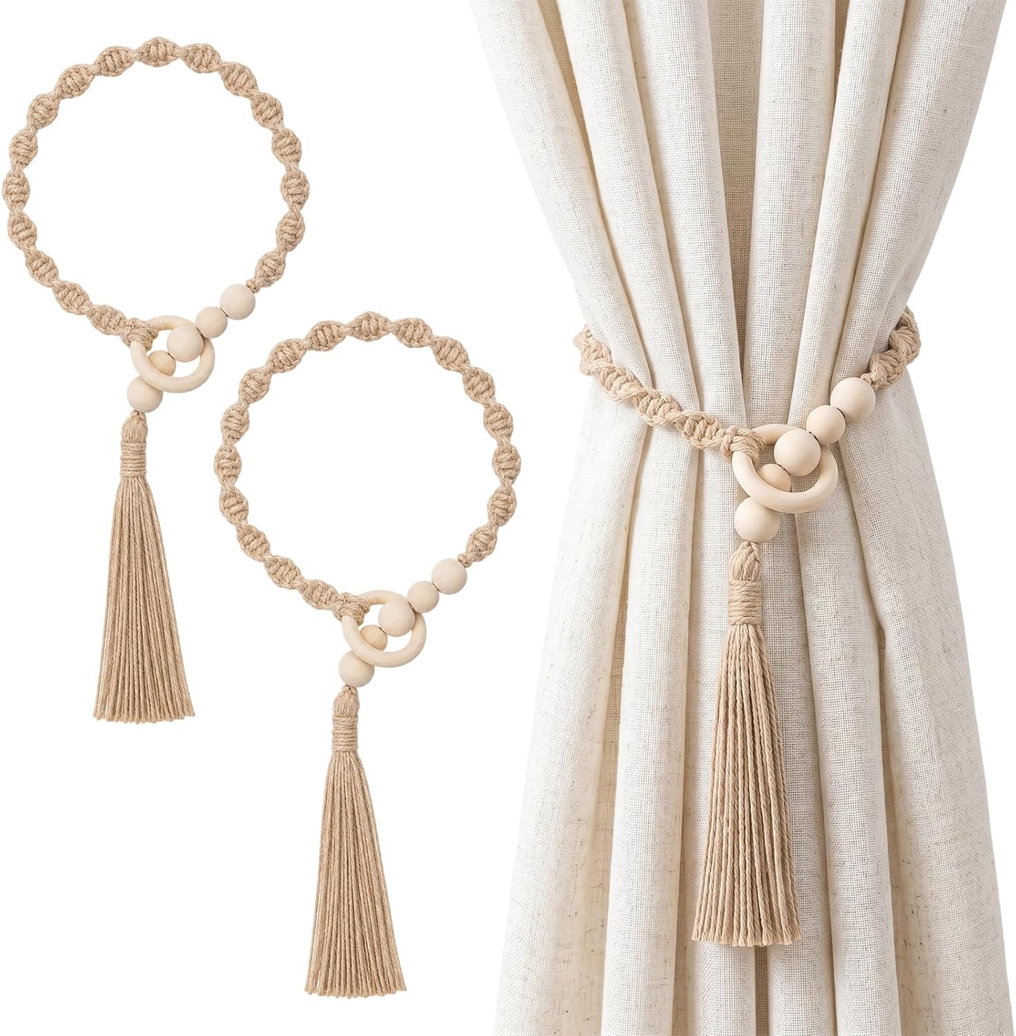 2 Pack Macrame Curtain Tiebacks with Wooden Beads Boho Handmade Beaded