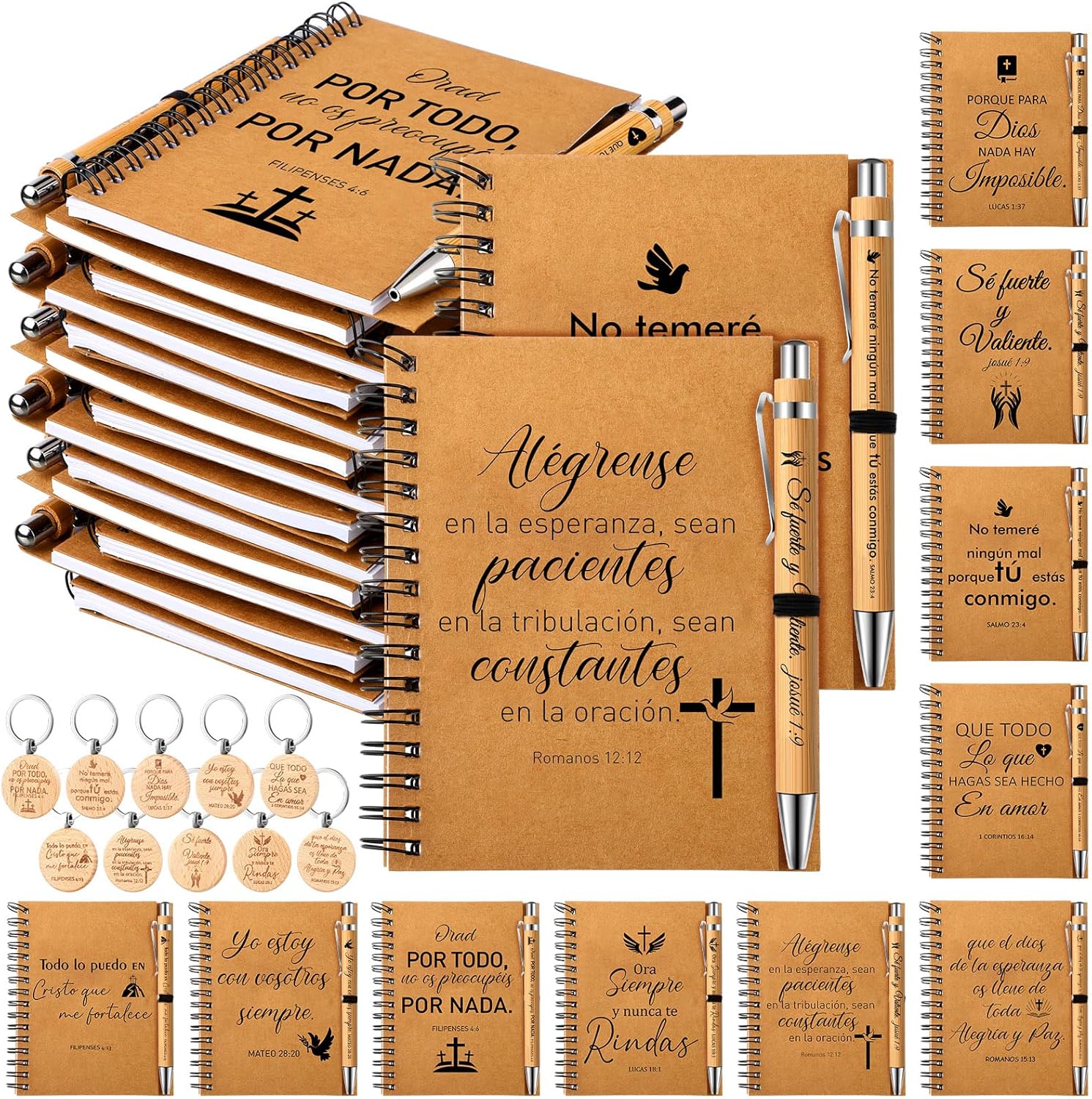 180 Pcs Spanish Christian Gifts Spiral Religious Notebooks Christian Valentines Gift Spanish Prayer Journal with Bible Pens and Keychain for Women Men Teacher Valentine's Day Church
