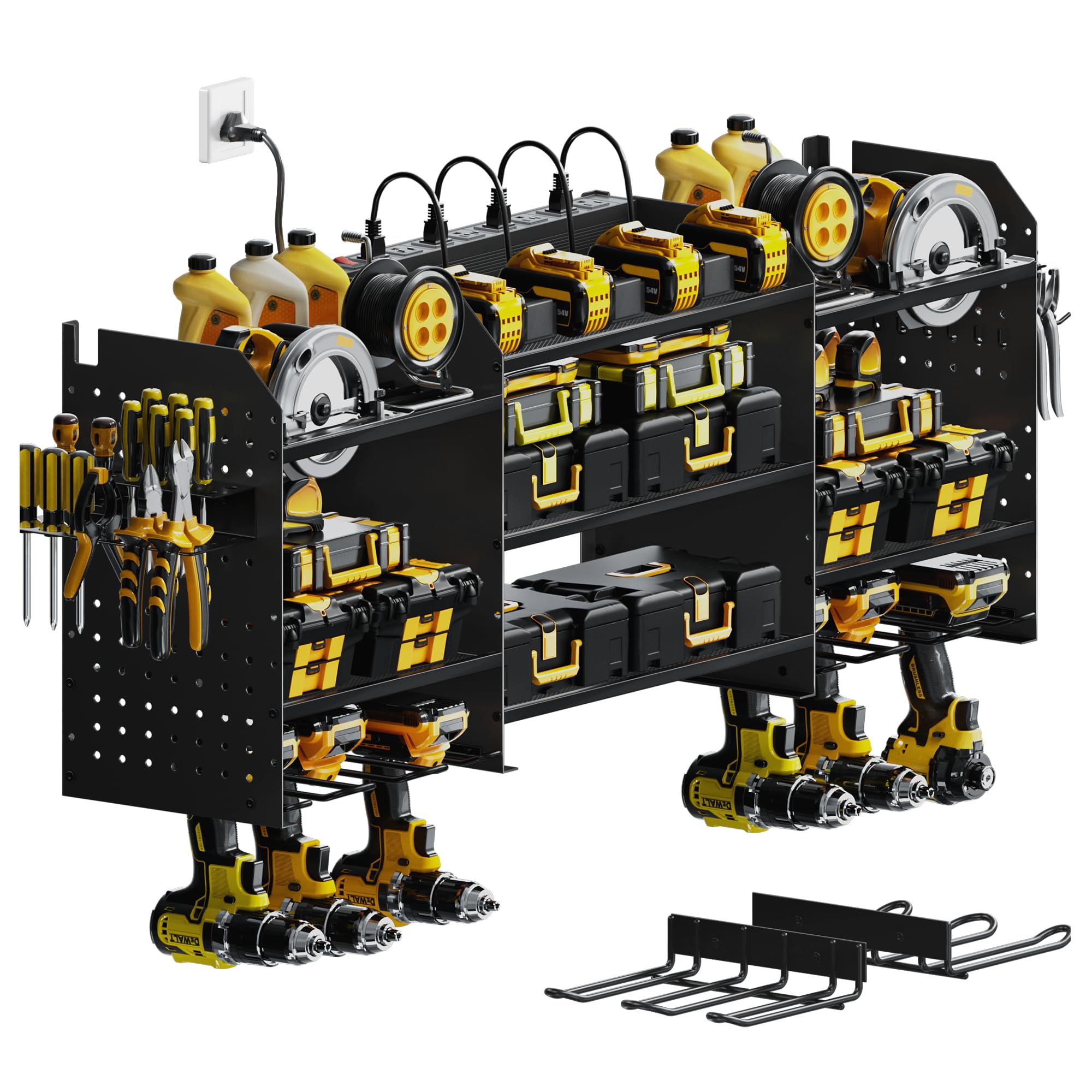 Upgrade Large Power Tool Organizer Wall Mount with Charging Station Tool Storage Rack with 6.5FT Power Strip 10 Drill Holder and Storage Rack for Garage Organization