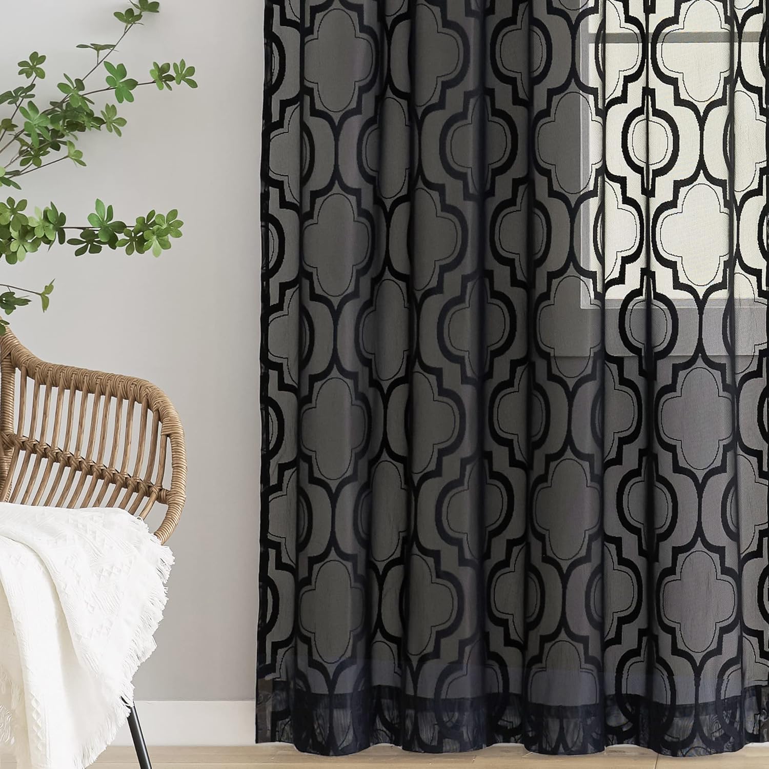 Lace Sheer Curtains Black for Bedroom Classic Geometric Rod Pocket Living Room Curtain Panels Knitted Moroccan Pattern Light Filtering Privacy Airy Semi Sheer Window Treatment Sets, 52"W x 84"L, 2pcs