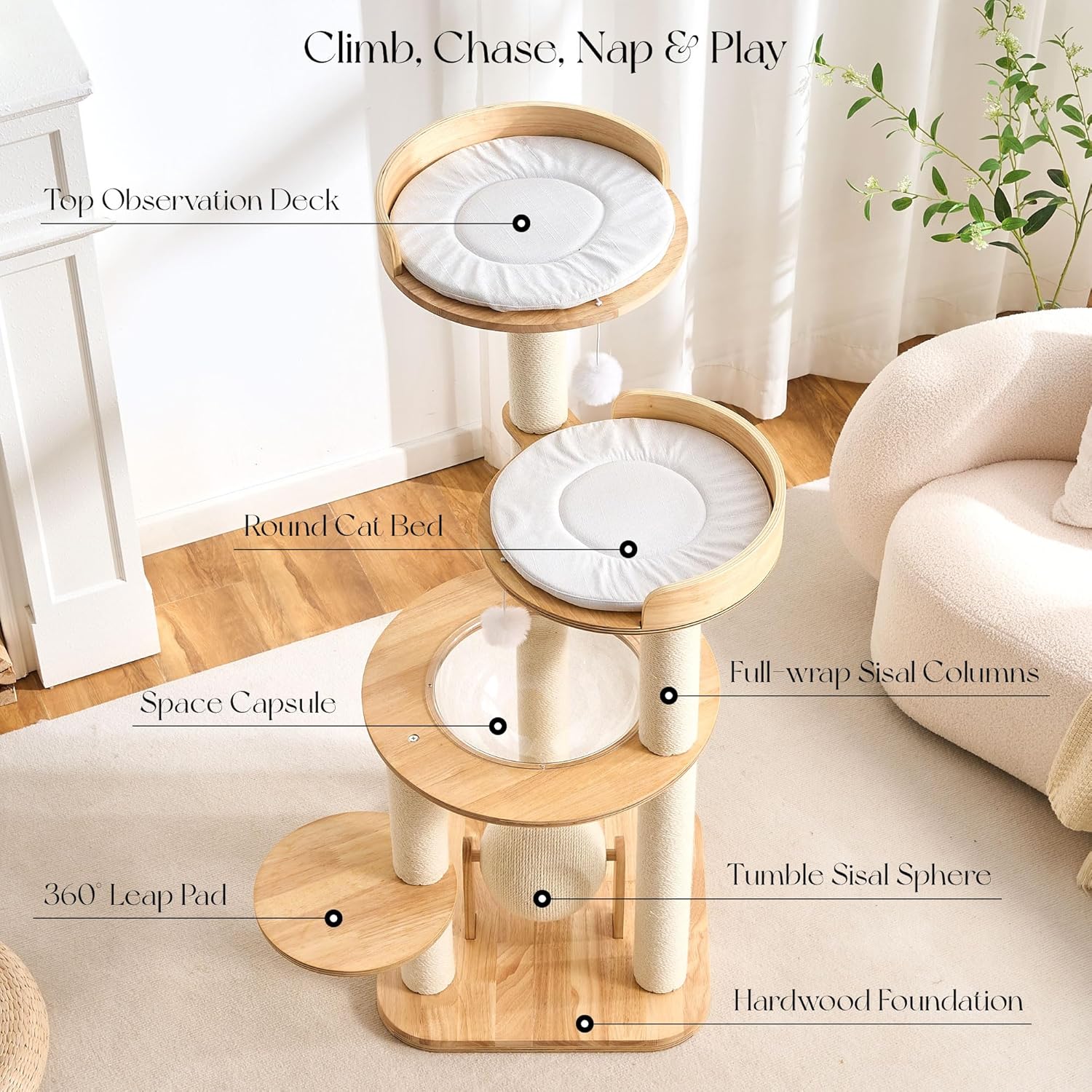 797Audio Modern Solid Wood Cat Tree Tower, 49" Tall Cat Tree with Sisal Scratching Posts for Adult Cats, Luxury Natural Oak Wooden Cat Tower,Aesthetic Multi-Level Cat Climbing Tree for Indoor Cat 49 Inch-Scratch Ball