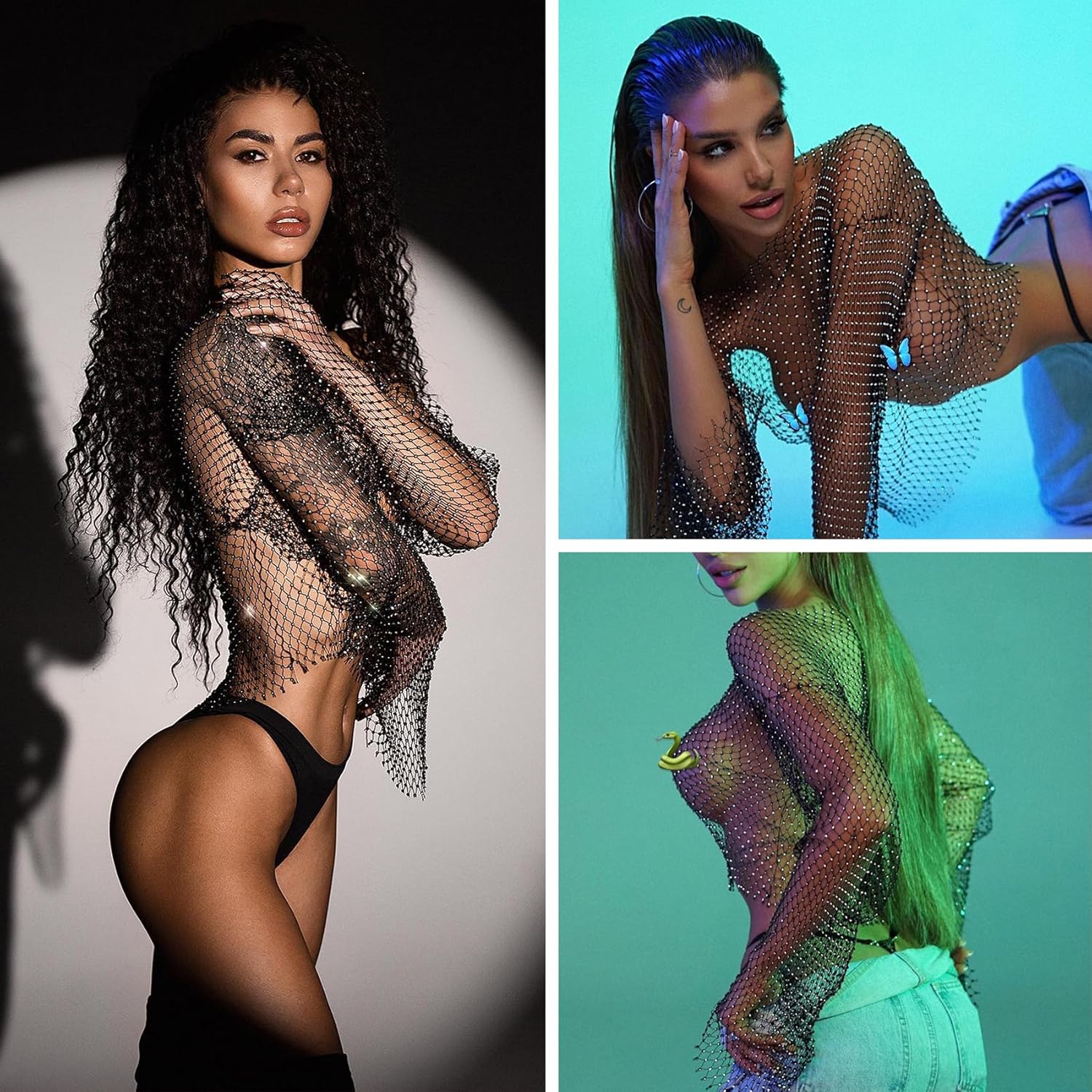 Rhinestone Crystal Crop Top, Long Sleeve Mesh Body Chains, See Through Mesh Diamond Fishnet Shirts Outfits - Image 5