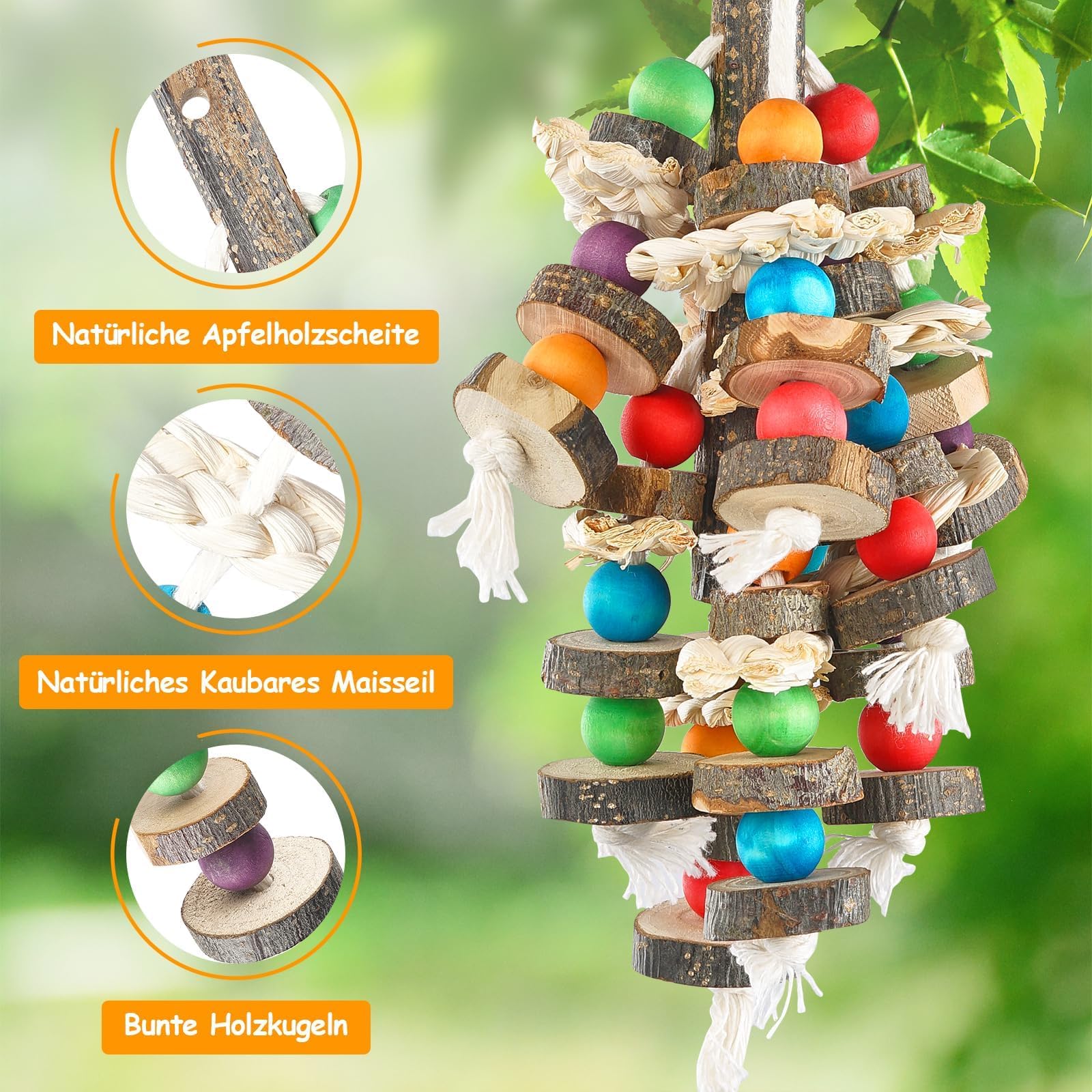 Vogelspielzeug Papagei Natürliches Kauspielzeug für Kakadus, Graupapageien, Aras und Amazonas Papageien, Mehrfarbiges Holzblockspielzeug zum Klettern, Kauen
