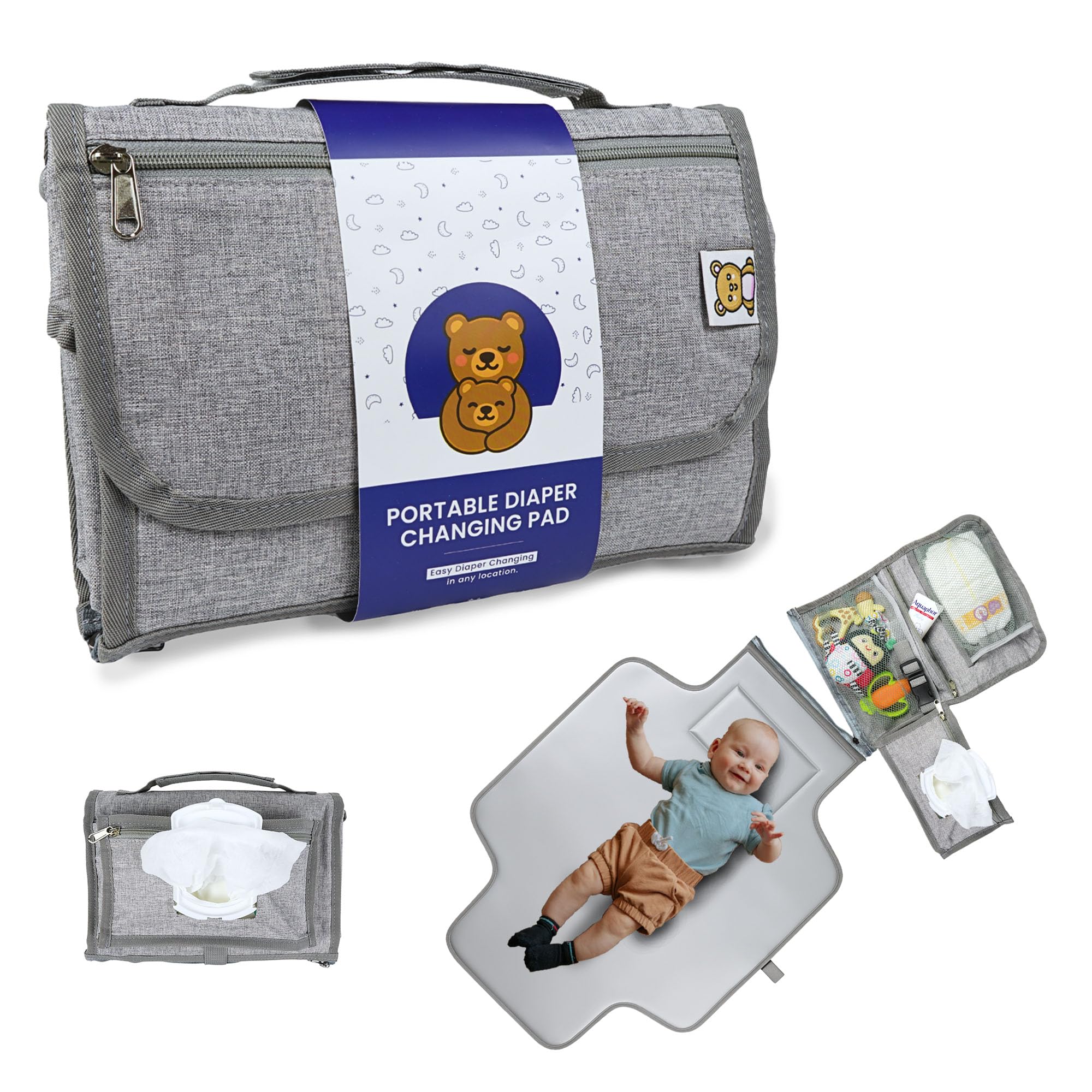 Portable Diaper Changing Pad, Waterproof Travel Baby Changing Mat with Wipes Pocket, Compact Foldable, Gift for Babyshower, Newborn Boys & Girls (Grey
