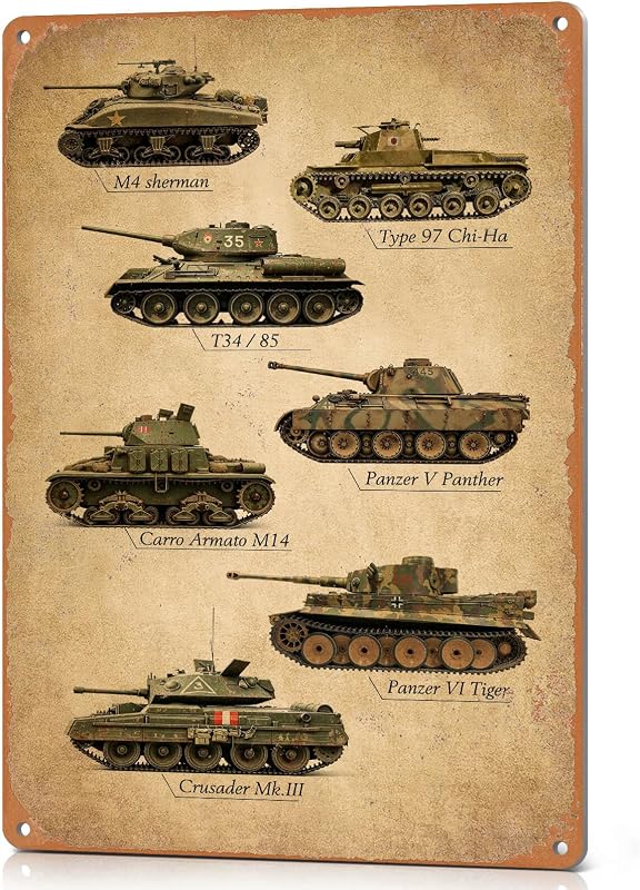 Wallors Military Decor Vintage WW2 Tanks Metal Tin Signs 8x12 Inch | Army Gifts for Boys Men Military Enthusiast, WW2 Posters for War Room Camo Room Wall Decor, WWII Memorabilia