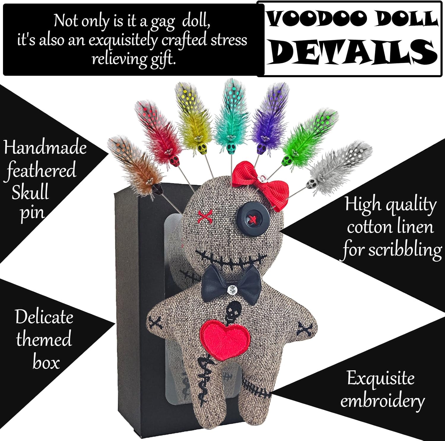 Funny Voodoo Doll with Feathered Skull Pins – Unique Stress Relief Toy & Hilarious Gag Gift for Adults and Teens Who Love Mystery and Fun
