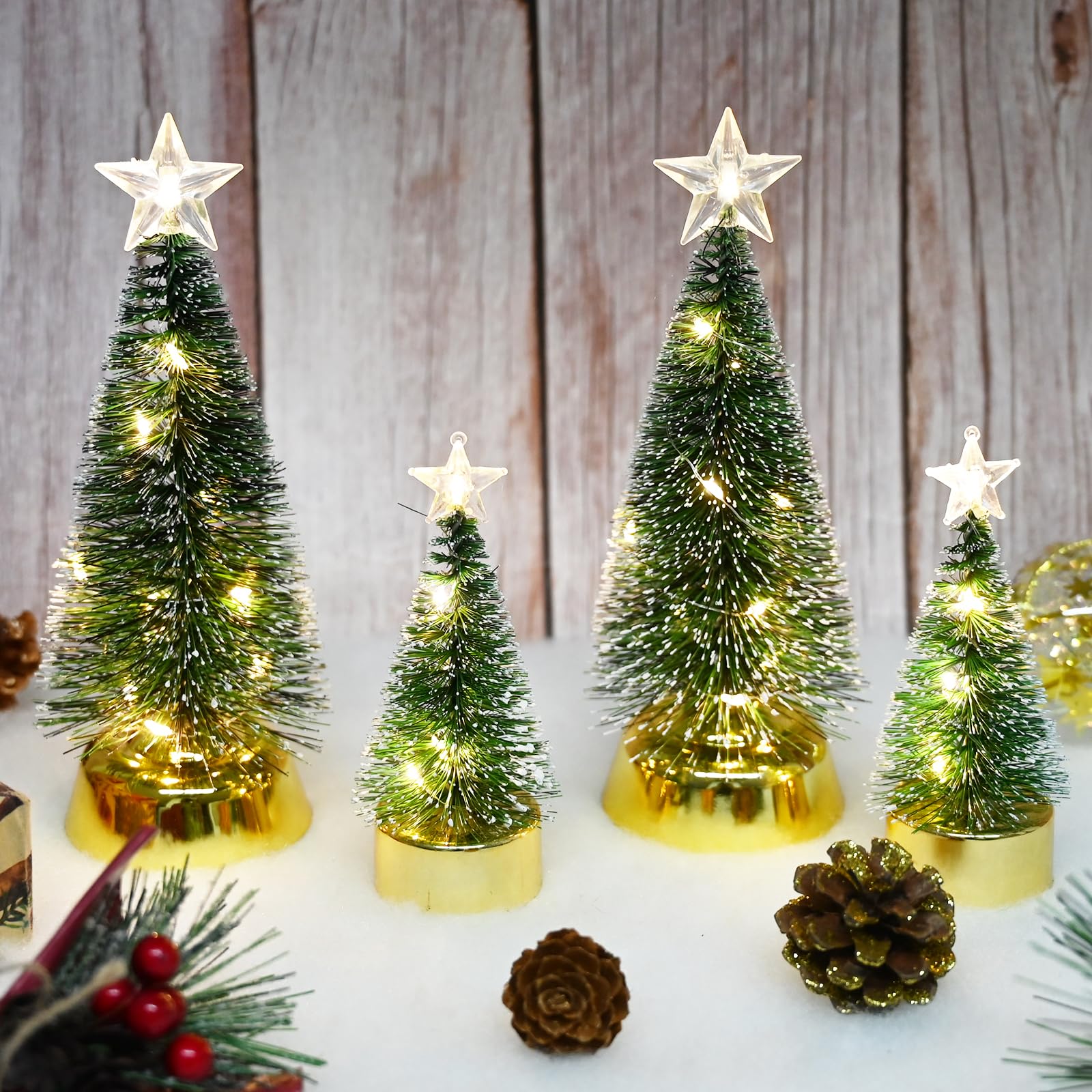 4 Pcs Mini Christmas Tree with Lights, Small Artificial Xmas Tree Ornaments Desk Christmas Tree Battery Powered Miniature Christmas Table Decorations for Home Office Desktop (Warm light)