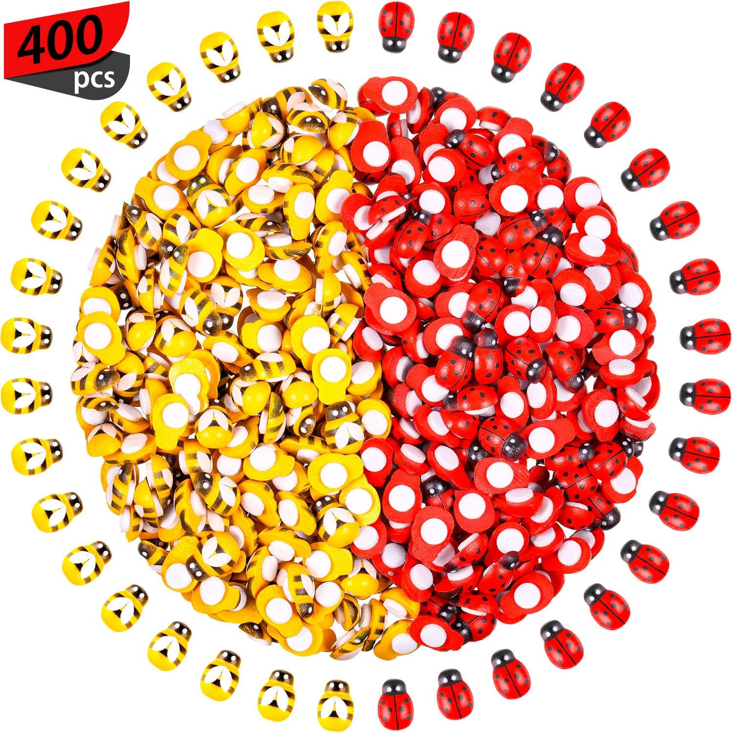 400 Pieces Wooden Bees Ladybugs Embellishments Self-Adhesive Wood Bumble Bees Tiny Painted Bee Flatback Stickers for DIY Craft Party Decoration