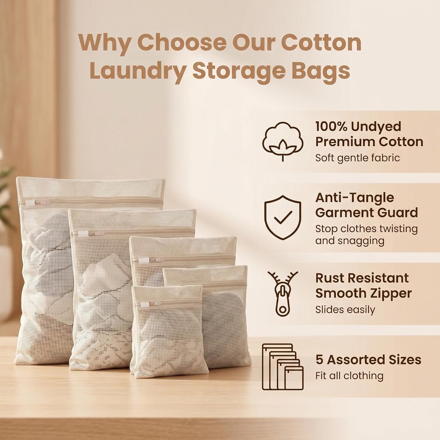 5 Pack100% Natural Cotton Mesh Delicates Laundry Bags