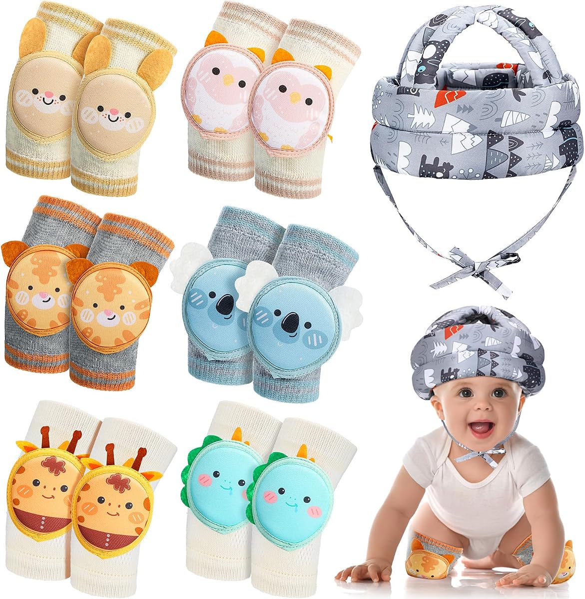 Preboun Protector de cabeza de bebé con 6 pares de rodilleras para niños pequeños, casco de seguridad para gatear, caminar, correr, cojín ajustable para la cabeza del niño, capó de parachoques para 6 meses a 3 años (elefante)