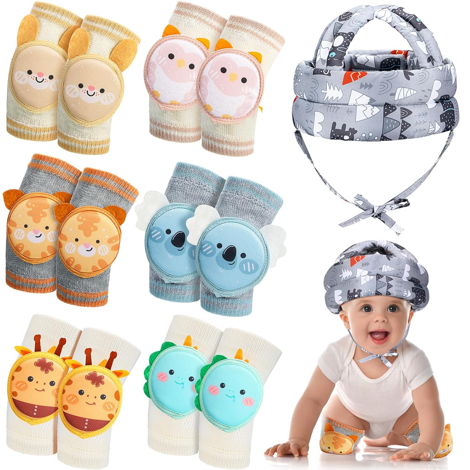 Preboun Baby Head Protector with 6 Pairs Toddler Knee Pads Set Baby Safety Helmet for Crawling Walking Running Adjustable Toddler Head Cushion Bumper Bonnet for 6 Months to 3 Years(Elephant)(Elephant)