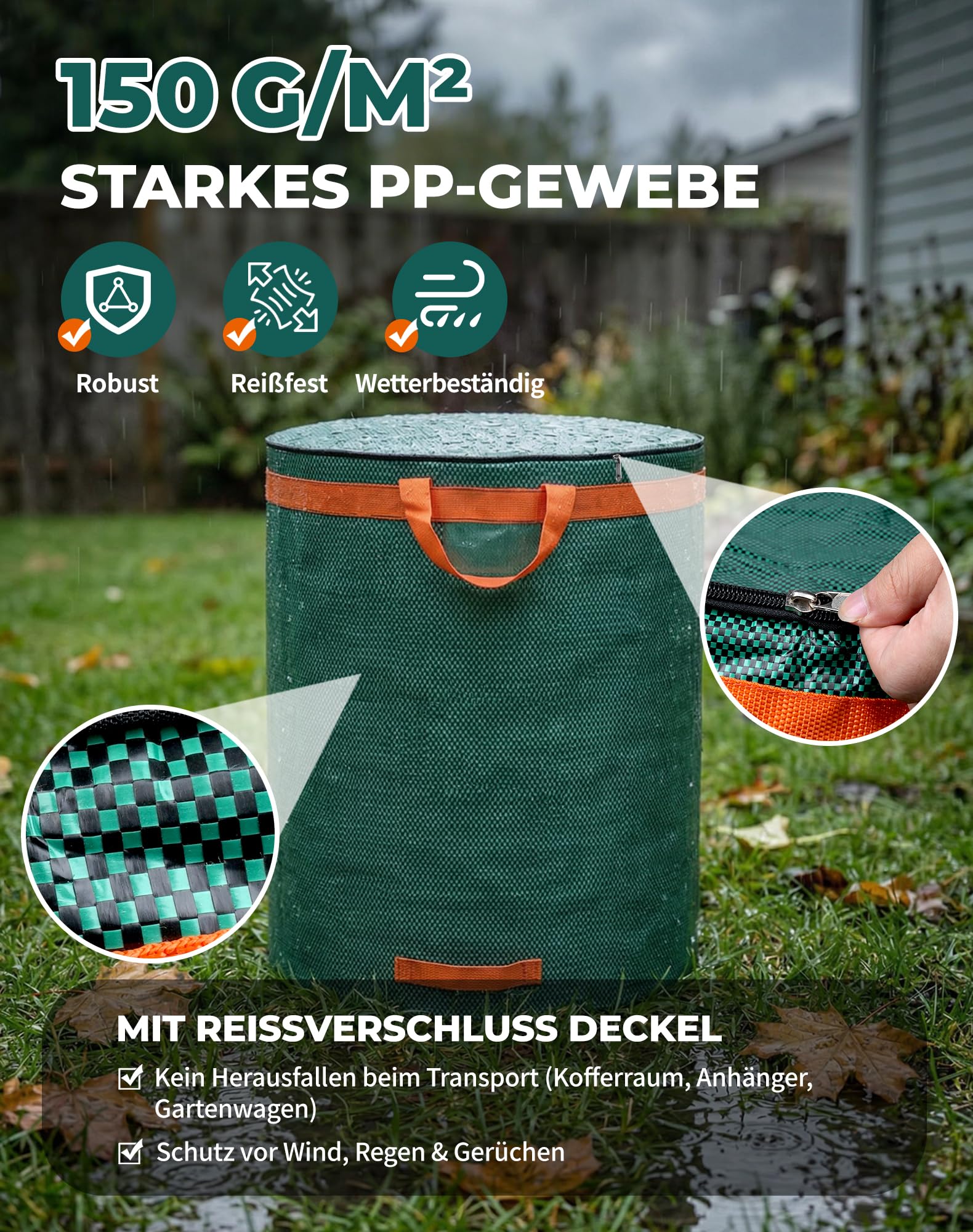 LAOYE 3x Gartenabfallsack Stabil mit Deckel 272L Laubsack Groß Gartensack Selbststehend Grünschnittsack Grünabfallsäcke Garten Abfallsack für Laub Rasen