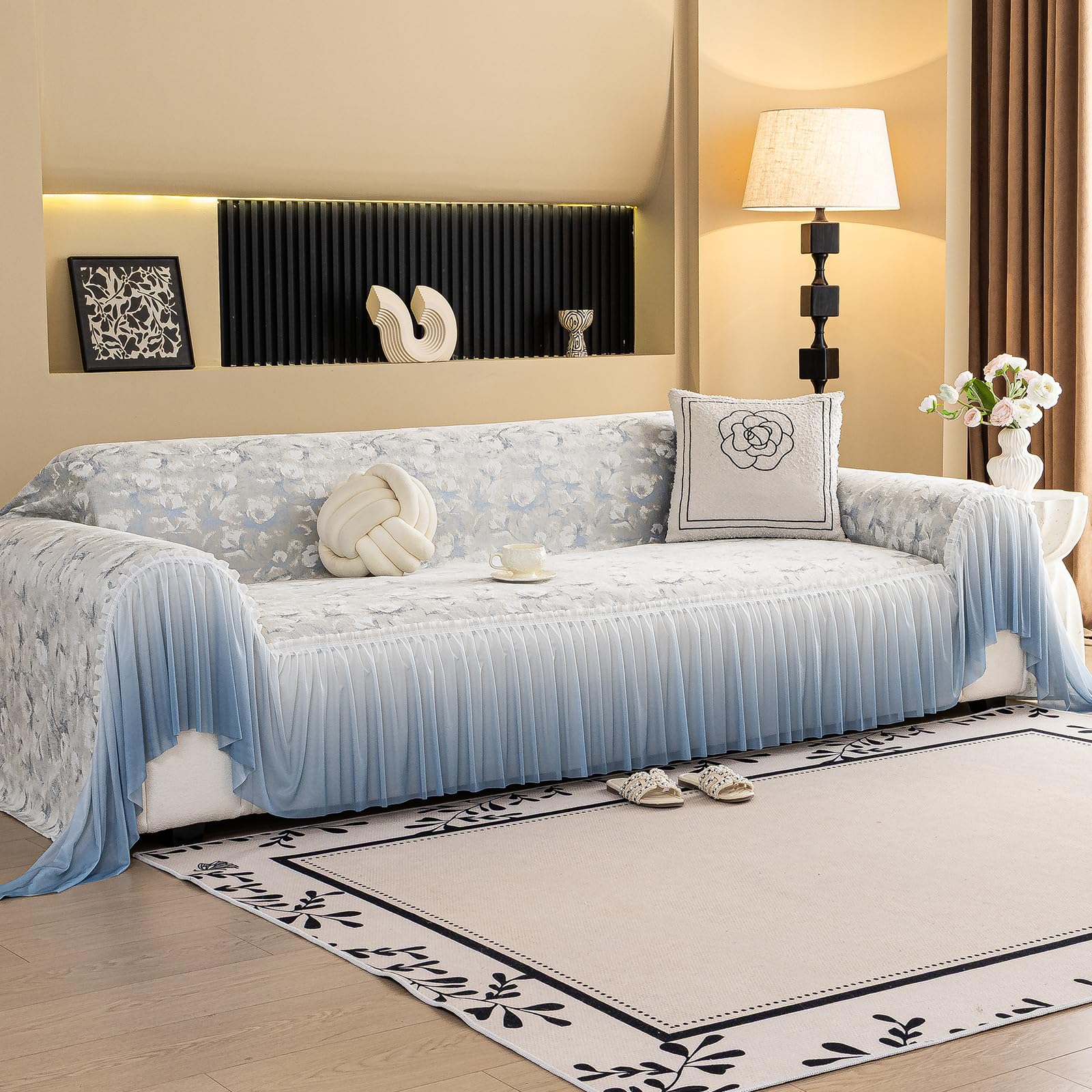 Jeté de canapé bleu en dentelle et tulipes tissées main luxe 180x130
