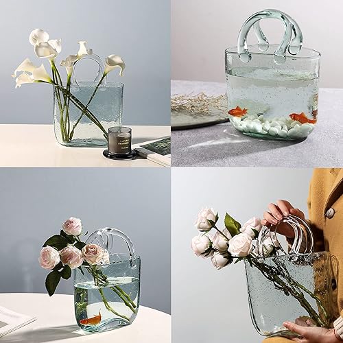 Vista 6 de DUEBEL Jarrones de vidrio para peces, florero hecho a mano con burbujas para decoración de bodas en el hogar, florero transparente con forma de bolso