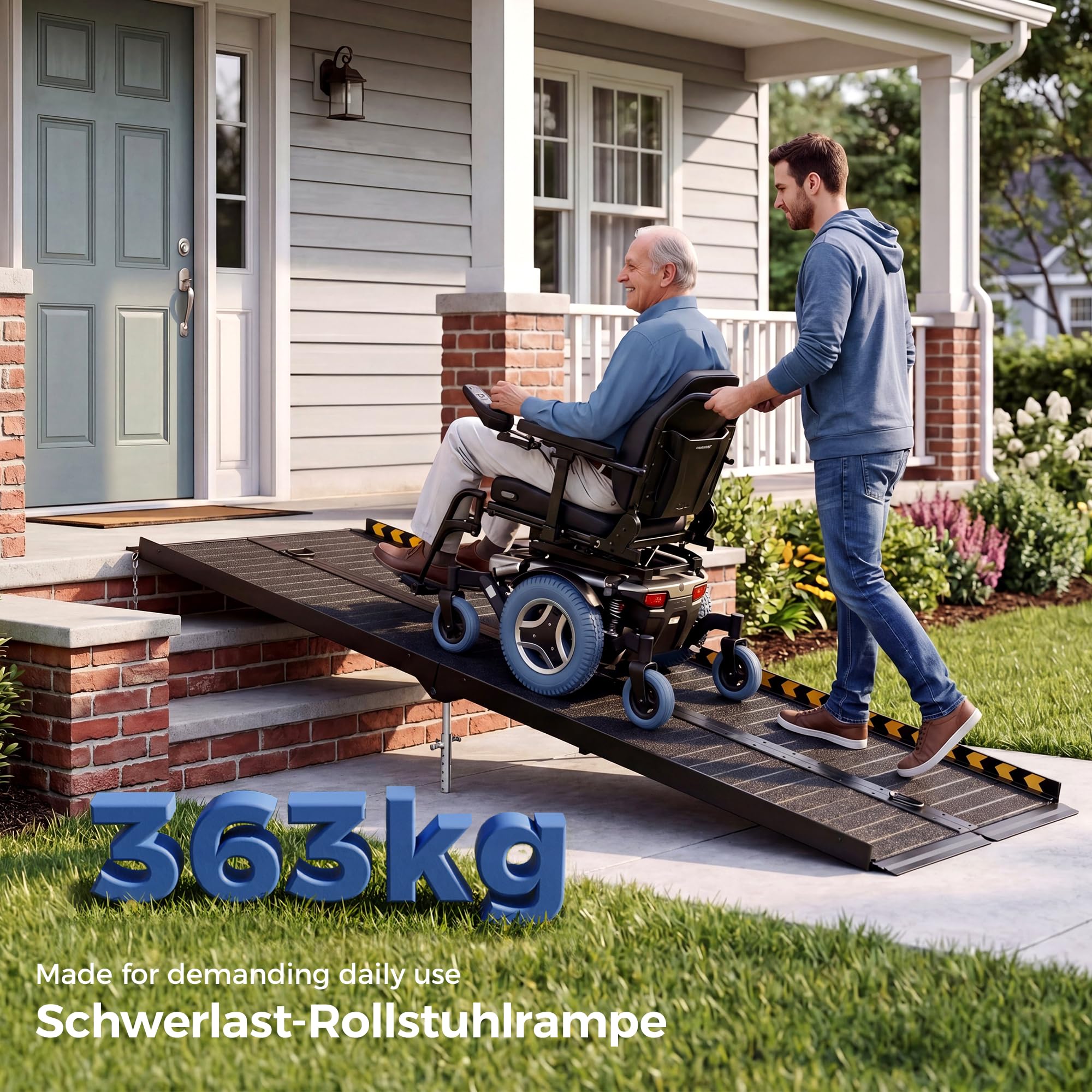213 cm Rollstuhlrampe, 363kg Kapazität, mit 4 verstellbaren Stützen, 4 Rädern, Hochfeste Aluminiumlegierung, Anti-Rutsch, 4-Wege Faltbar, Ideal Rampe Rollstuhl für Treppen & Türschwellen 17-35 cm