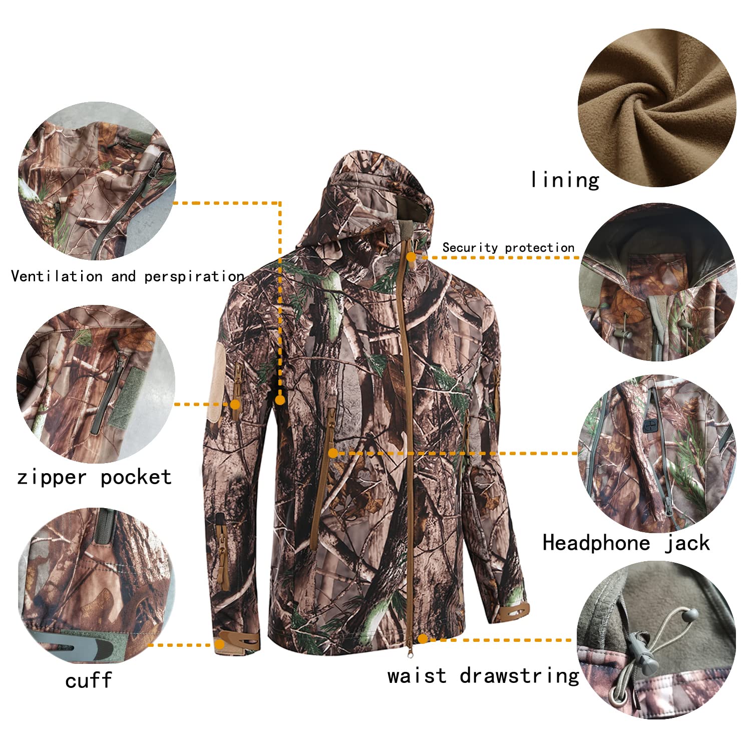 Kelmon Uomo Tattico Softshell Giacca Multifunzionale Outdoor Camouflage Militare Pile Fodera Impermeabile Antivento Calda Cappuccio Cappotto