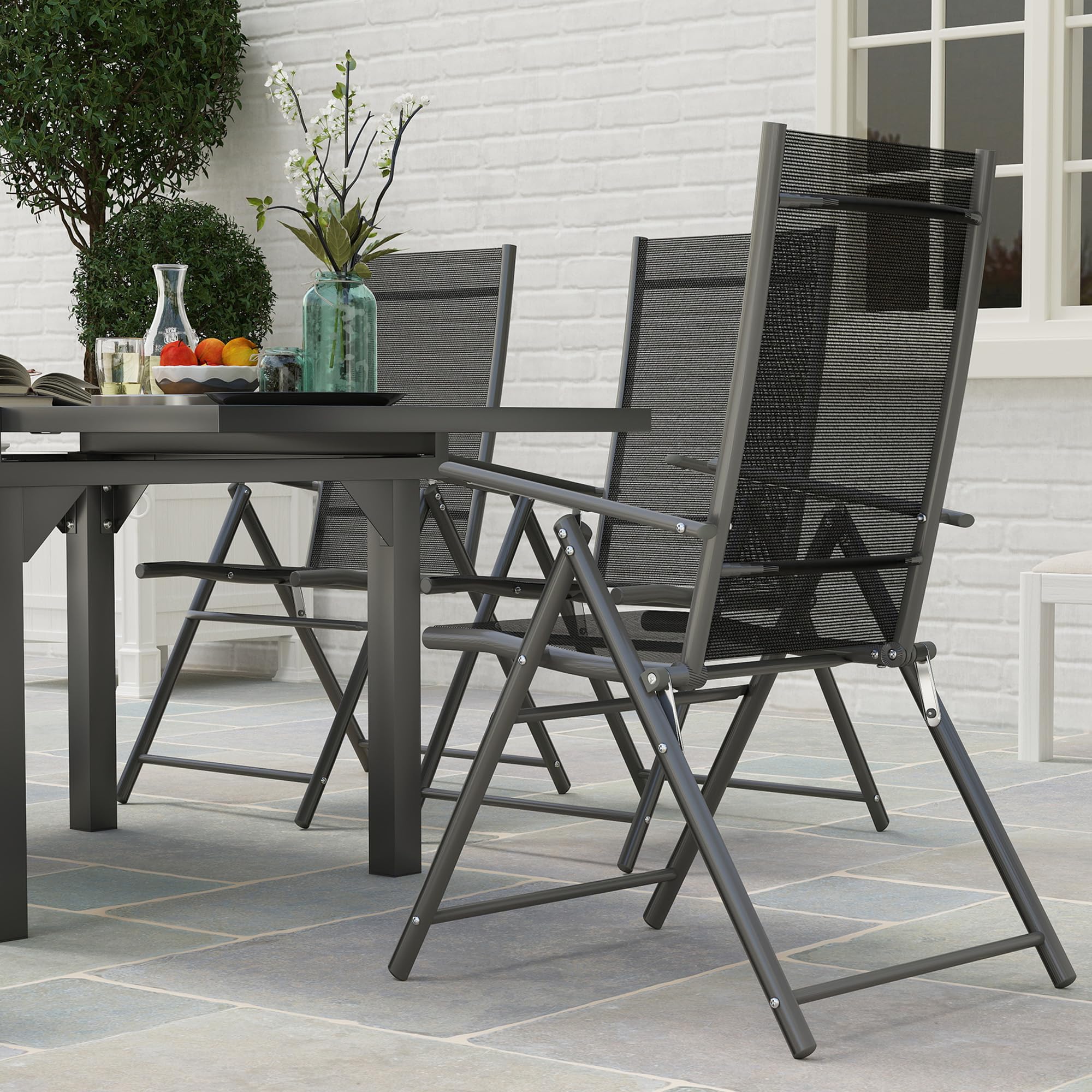 Outsunny Set Tavolo e Sedie da Esterno 7 Pezzi, Tavolo Allungabile con Piano in Vetro, 6 Sedie Pieghevoli con Braccioli, Acciaio e Textilene, Grigio