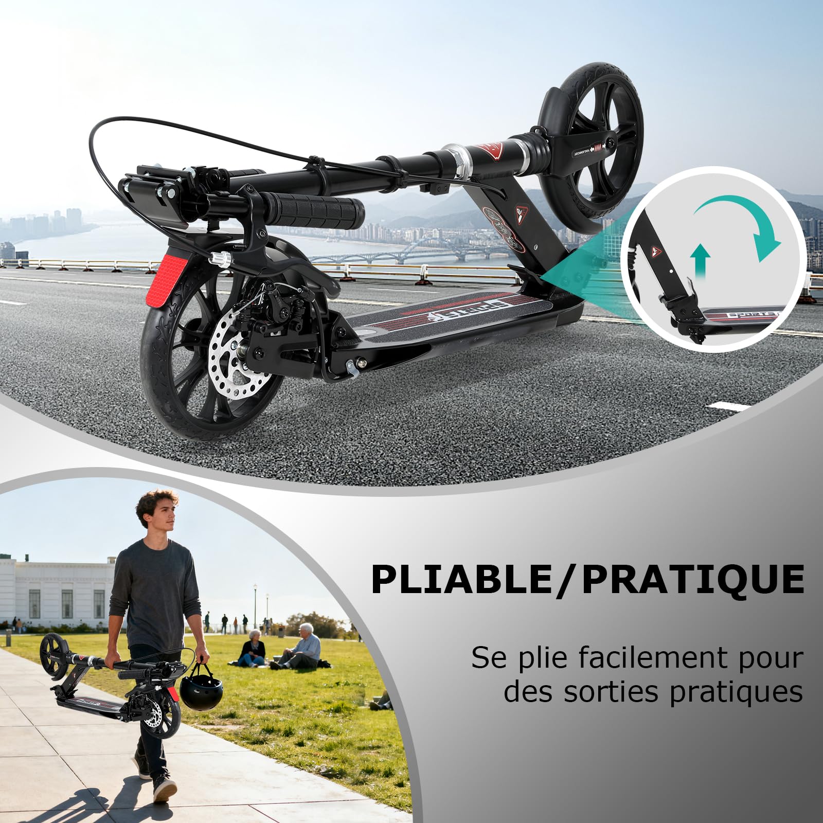 ISE Trottinette Pliable 2 Roues en Aluminium,Hauteur de Guidon Réglable,Double Système d'absorption de Choc & Freinage,Grande Roue avec Pneu Antidérapant,pour Adultes et Adolescents de 12 Ans à 100kg