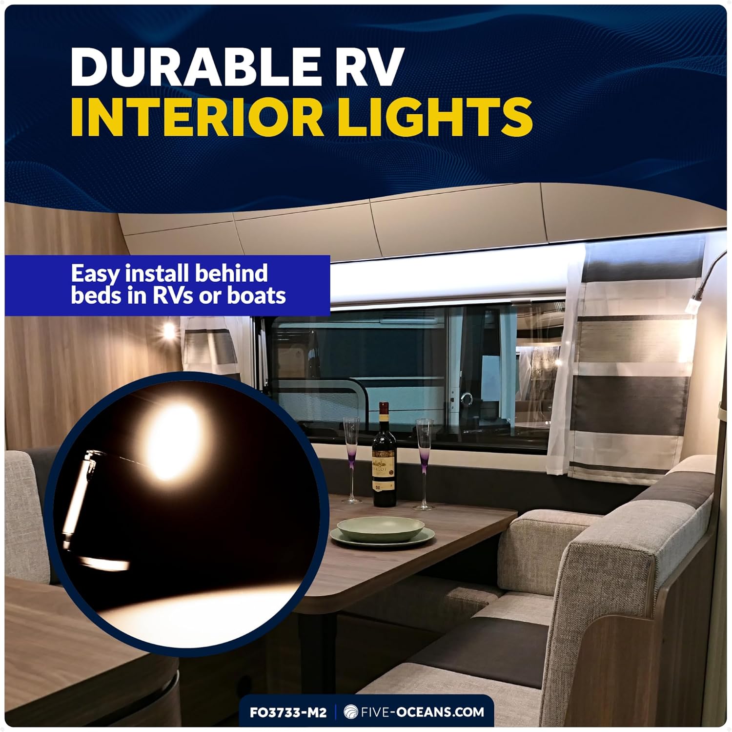 Five Oceans LED Reading Light, 12V Warm White, On-Off Switch, 52 LM, 12-30V DC, 2-Pack RV Interior Lighs for Boat, Trailer, Camper - FO3733-M2