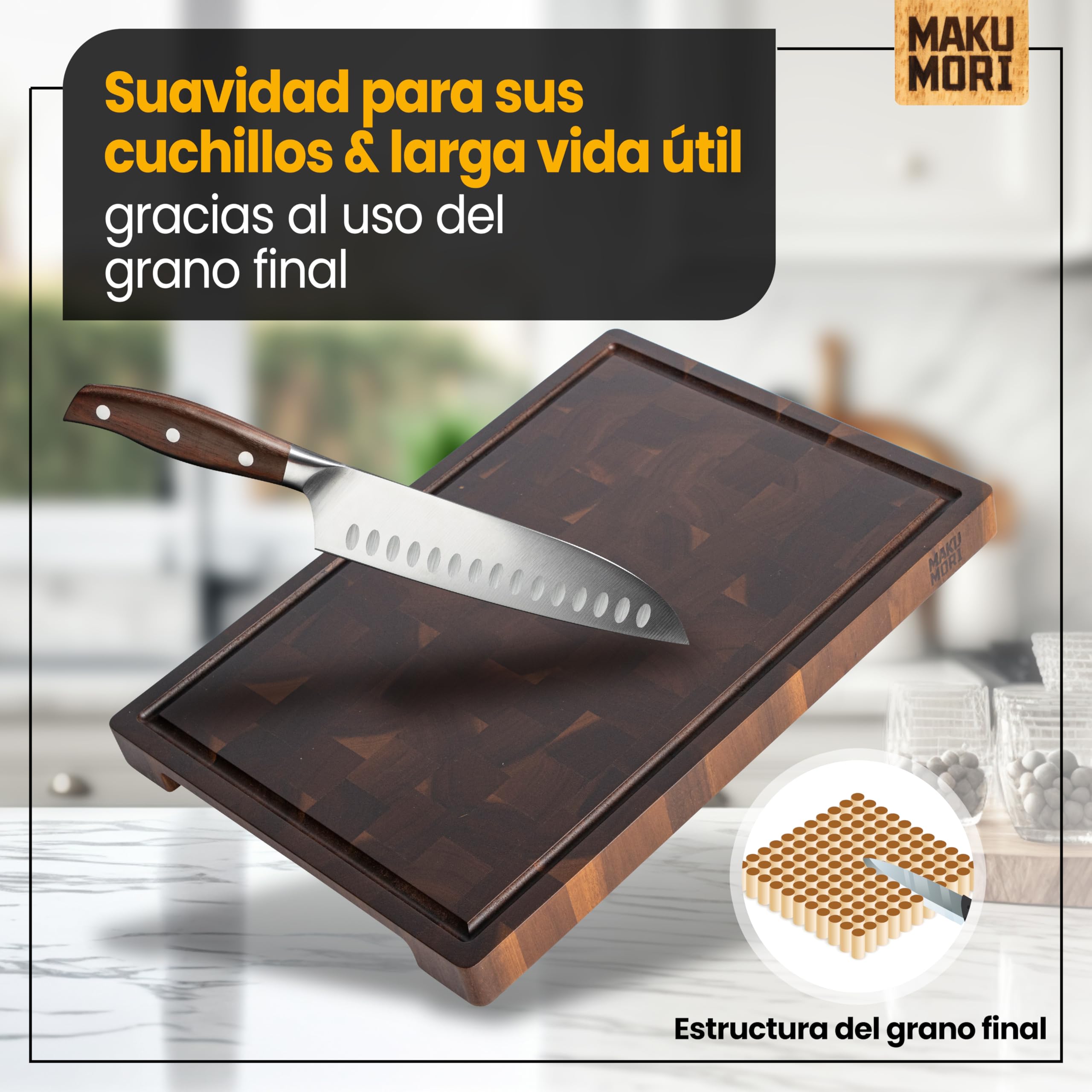 Premium Tabla de Cortar Madera de Testa 40x29x3cm Acacia Oscuro | Tabla de cocina de acacia carbonizada; FSC®; ranura para jugos; asas grandes; pies de goma antideslizantes