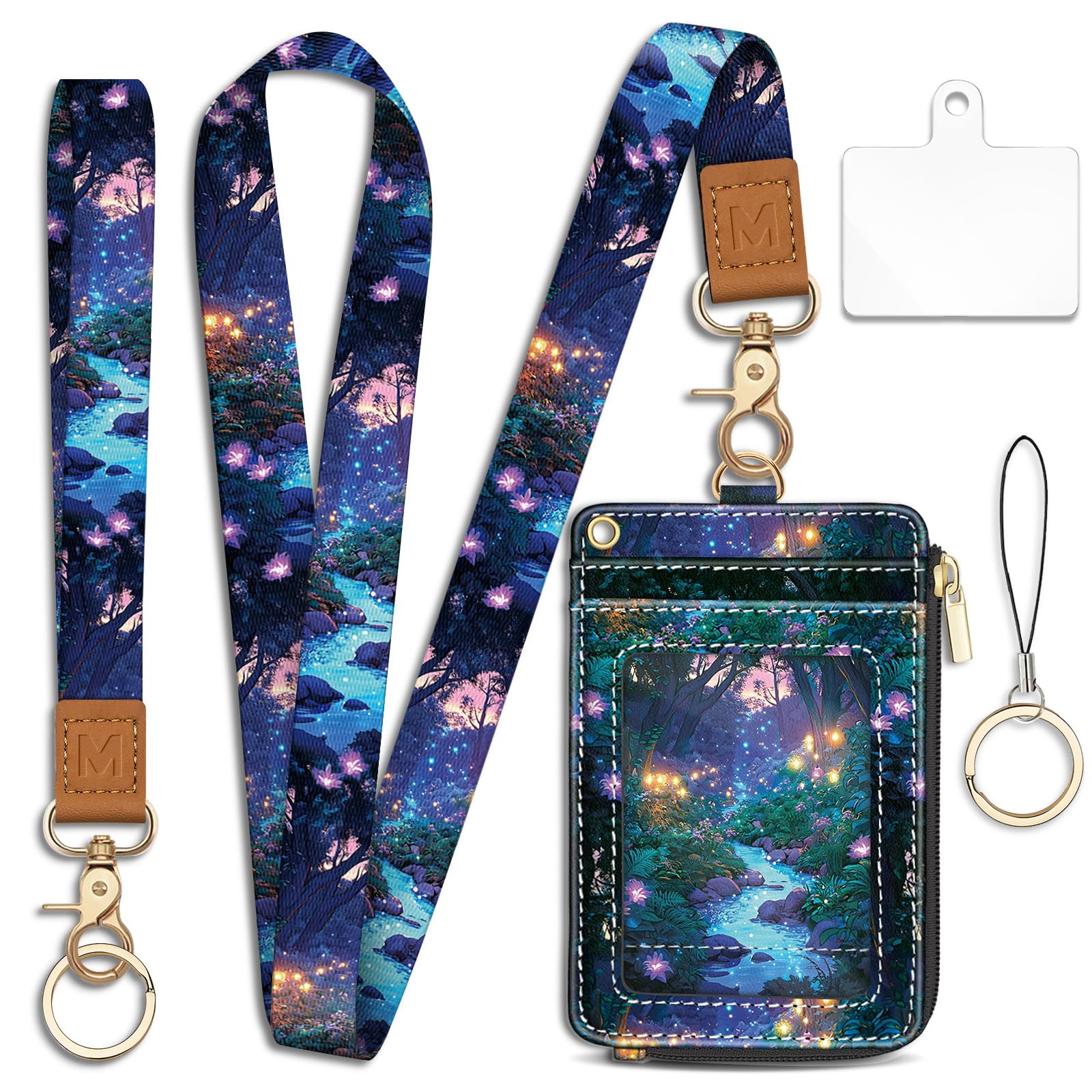 Forest Firefly Lanyard Wallet with ID Badge Holder, Floral Small RFID Wallet Women Keychain Wristlet, Slim Credit Card Holder with Zipper Pocket Phone