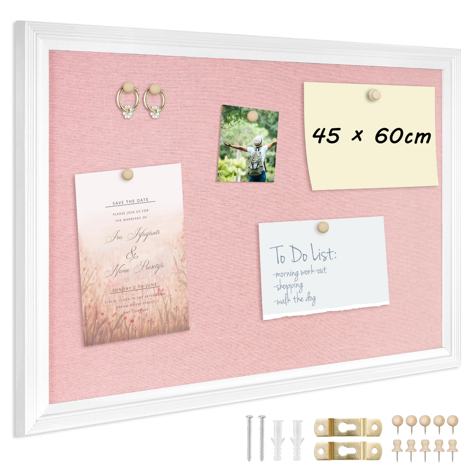 DOLLAR BOSS Pin Board Cork Board with Linen 45 X 60CM, Large Cork Boards for Walls Wood Framed Display Pin Board, Vision Board for Home Kitchen Office Decoration 10 Pushpins Pink Linen White Frame โ image 1