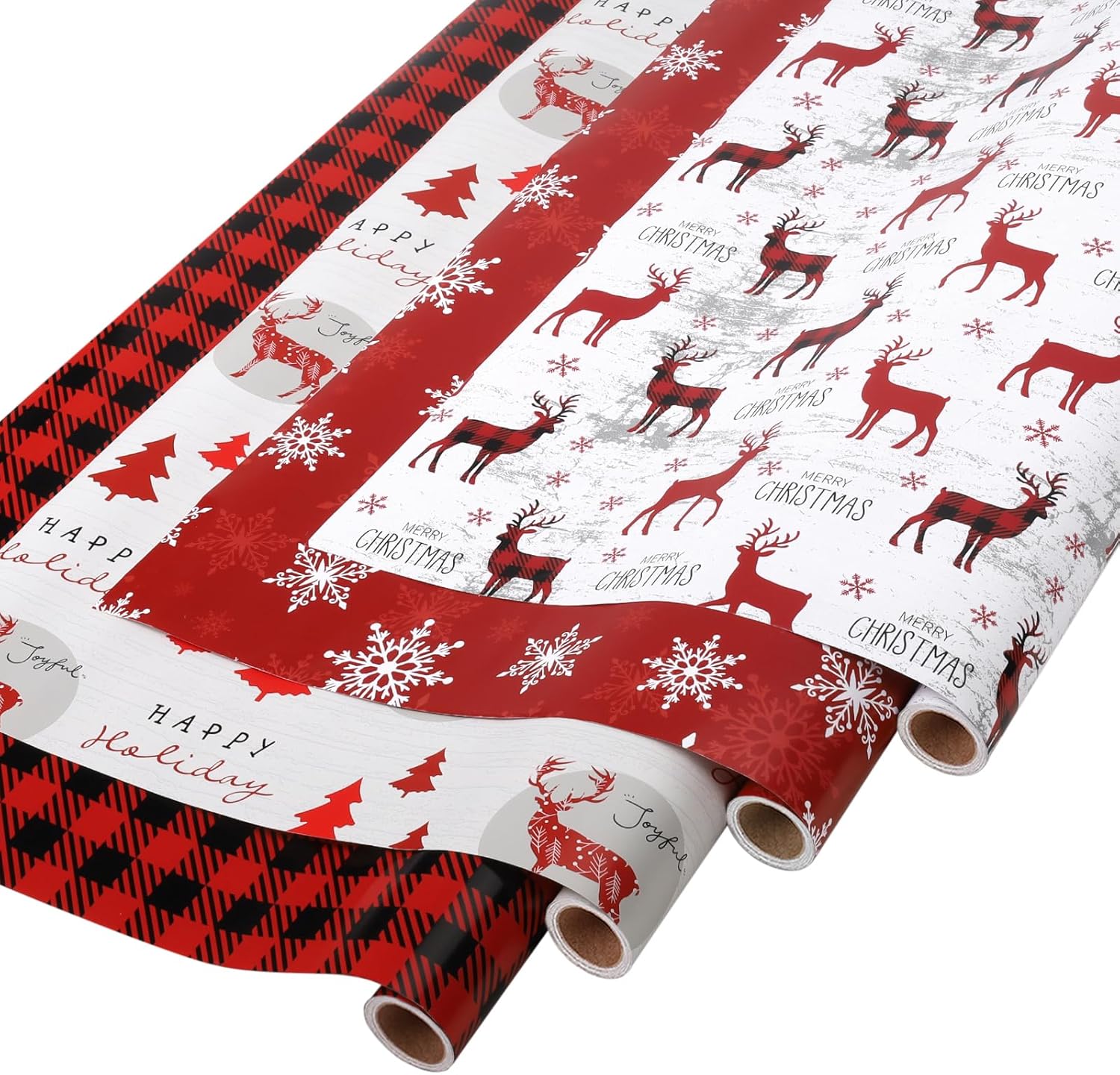 BIOBROWN Christmas Wrapping Paper with Tags and Trim Ribbon Assortment - 30" X 10' Per Roll (4 Rolls: 100 sq. ft. ttl.) - Red White Snowflakes and Reindeer Design for Christmas, Party, Xmas, Holiday Snow Flakes
