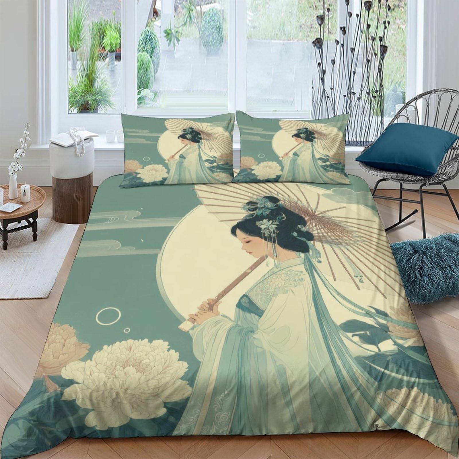 Ctjqhvkz Style-3 3D Printed Oriental Beauty Fitted Sheet Microfiber Cotton Green Parasol Floral Bed Cover For Bedroom Guest Room Decor Single（135X200cm）