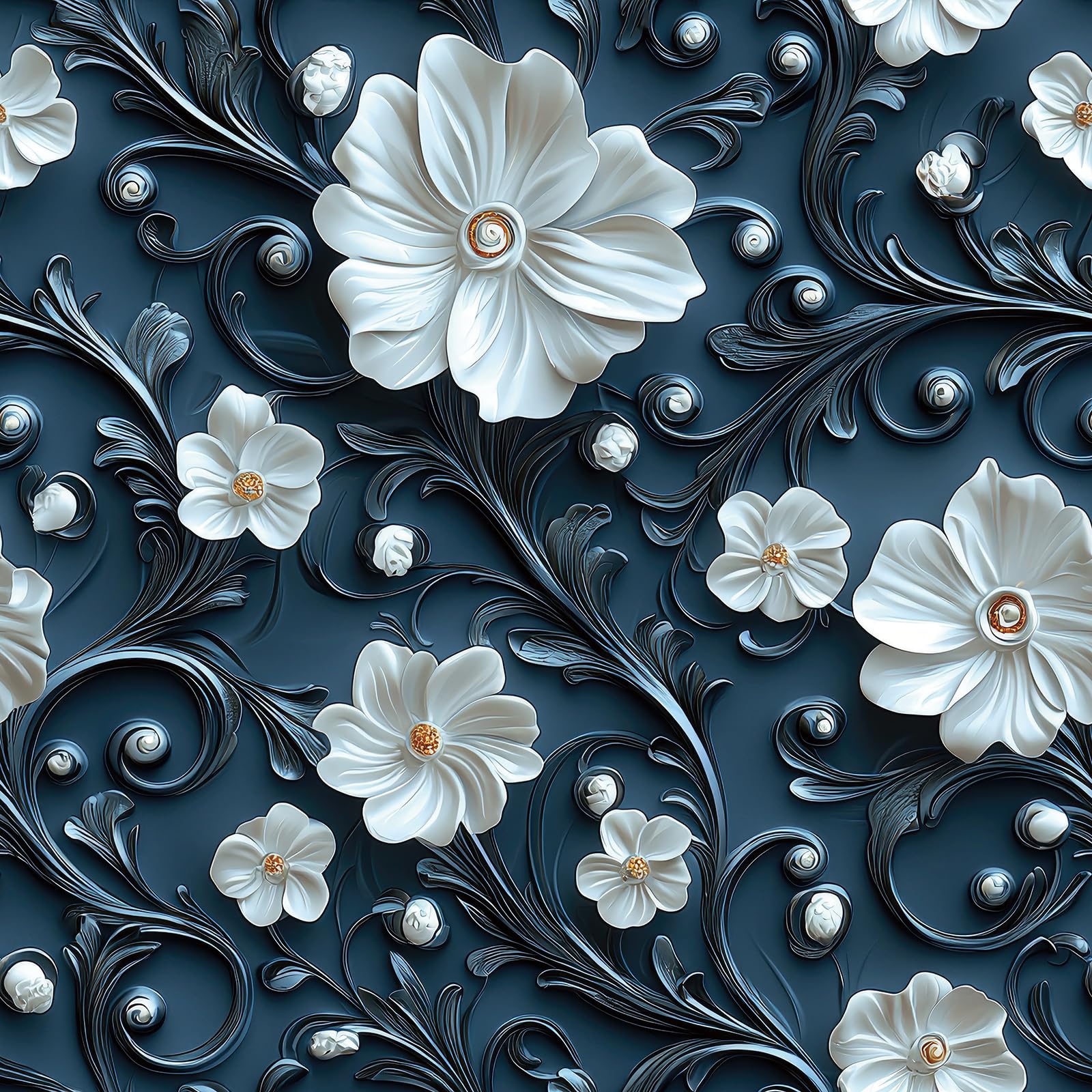 ReWallpaper Carta Da Parati Bianco e Blu Fiori 3d Effetto 44.5CMx7M Lavabile Carta Adesiva per Pareti Bagno Lavanderia Blu Pellicola Adesiva Mobili Cassetti Vinile Rivestimento Adesivo Floreale