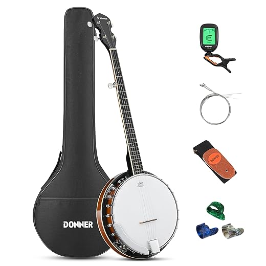 Donner Banjo Full Size 5 String Tenor Banjolele Guitar with Banjo Kit Tuner Gig Bag, Stringed Musical Instruments for Adult Beginner，DBJ-200