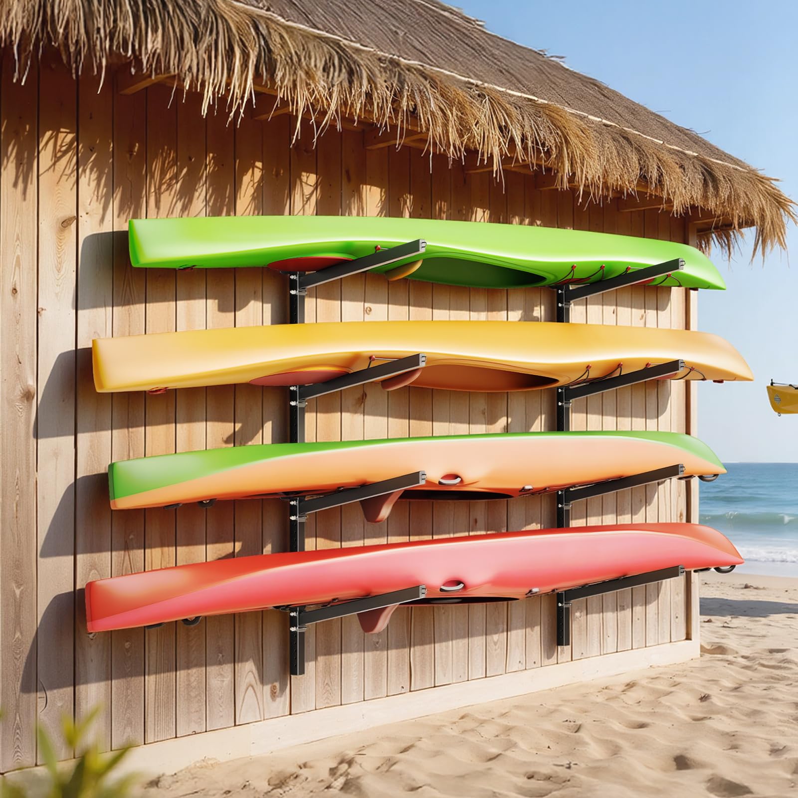 VEVOR Kajak-Aufbewahrungsregal Wandhalterung für 4 Kajaks/Kanus/Surfbretter/Paddleboards/Kleine Boote, Kajakständer mit 136 kg Tragkraft, Einstellbarer Kajakhalterung Lagergestell für Garage Steg
