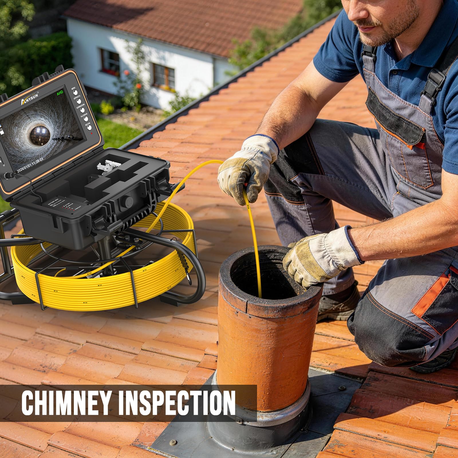 Anysun Caméra d’inspection avec Auto-nivellement, 50M Caméra Canalisation Émetteur 512Hz, 23mm 1080P HD Endoscope Canalisation IP68 Étanche, Écran IPS 9", Câble 7mm, DVR & Carte 32GB, Batterie 5100mAh