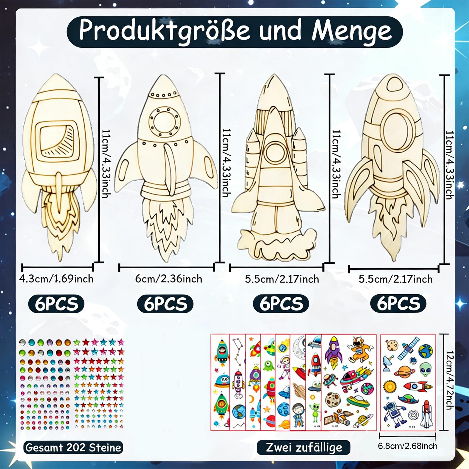 Juego de manualidades de madera con cohete, 34 piezas de madera de cohete, 202 diamantes de imitación y 2 pegatinas, 5 juguetes de cohete diferentes, juego de manualidades de madera para pintar y — view 3