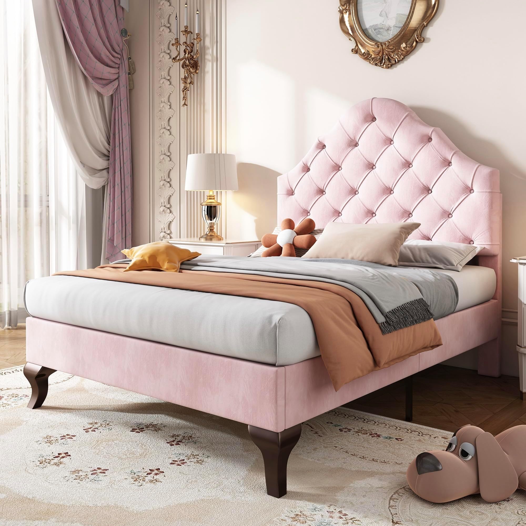 BTM Single Bed 90 * 190, Upholstered Bed with Slatted Frame and Headboard, Single Bed Frames with Height-adjustable Headboard, Velvet, Pink