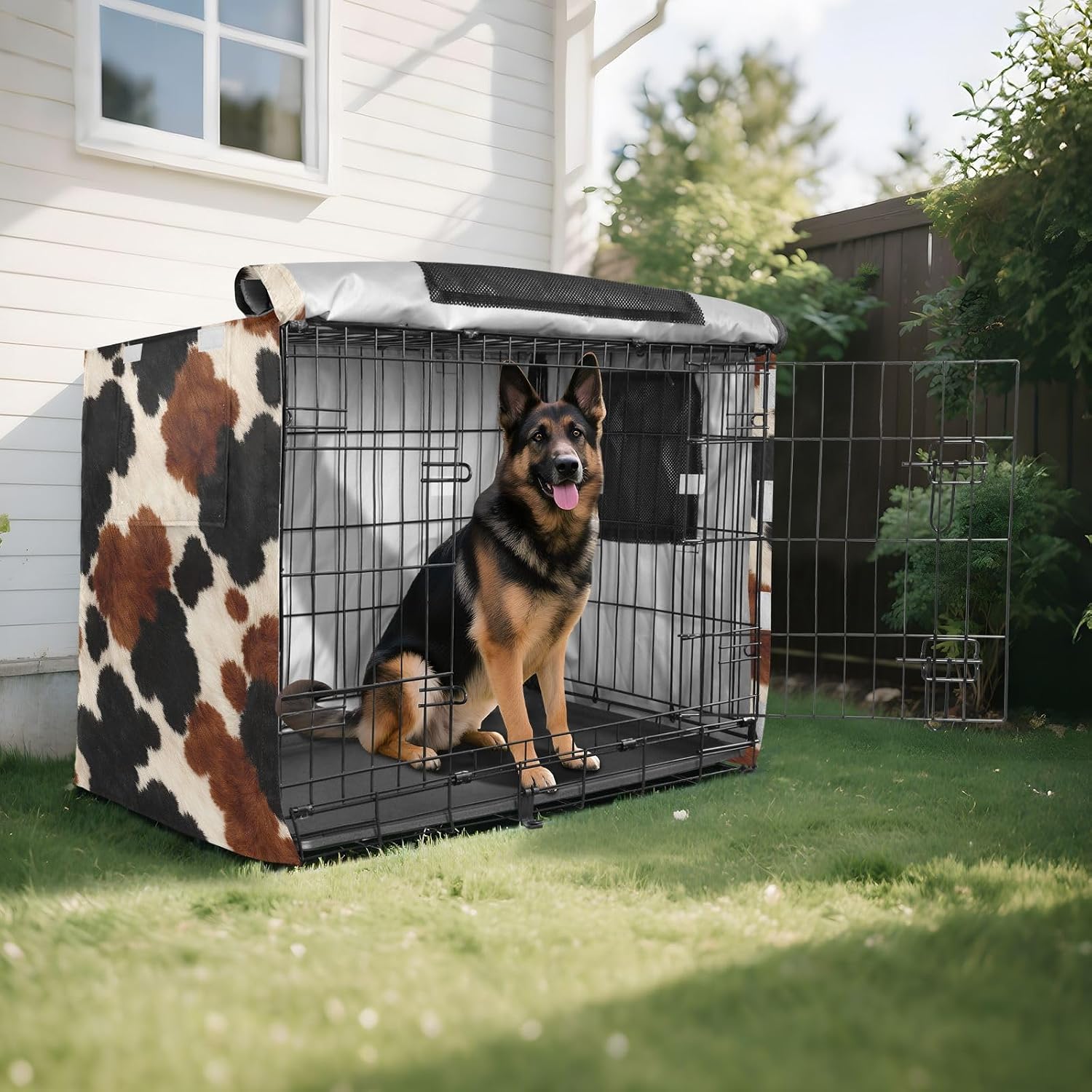 Retro Cow Black Brown Dog Crate Cover 600D Oxford Pet Kennel Cover with Mesh Window for Dog Cages, Windproof Waterproof Machine Washable, 42"x28"x30"