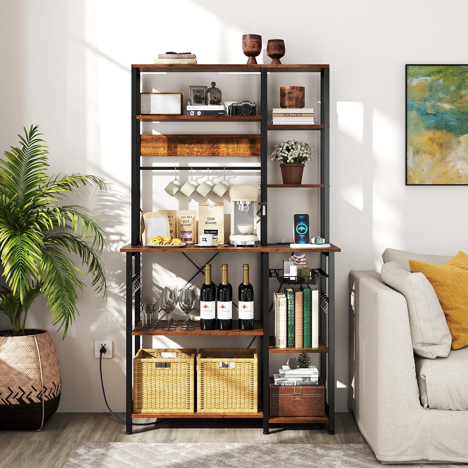 COSTWAY Estantería de Cocina, Armario de Cocina, Mueble para Microondas de 6 Niveles con Estantes Abiertos de Madera, Ganchos y Cesta, Marco Metálico, Organizador Almacenaje Cocina para Aparatos