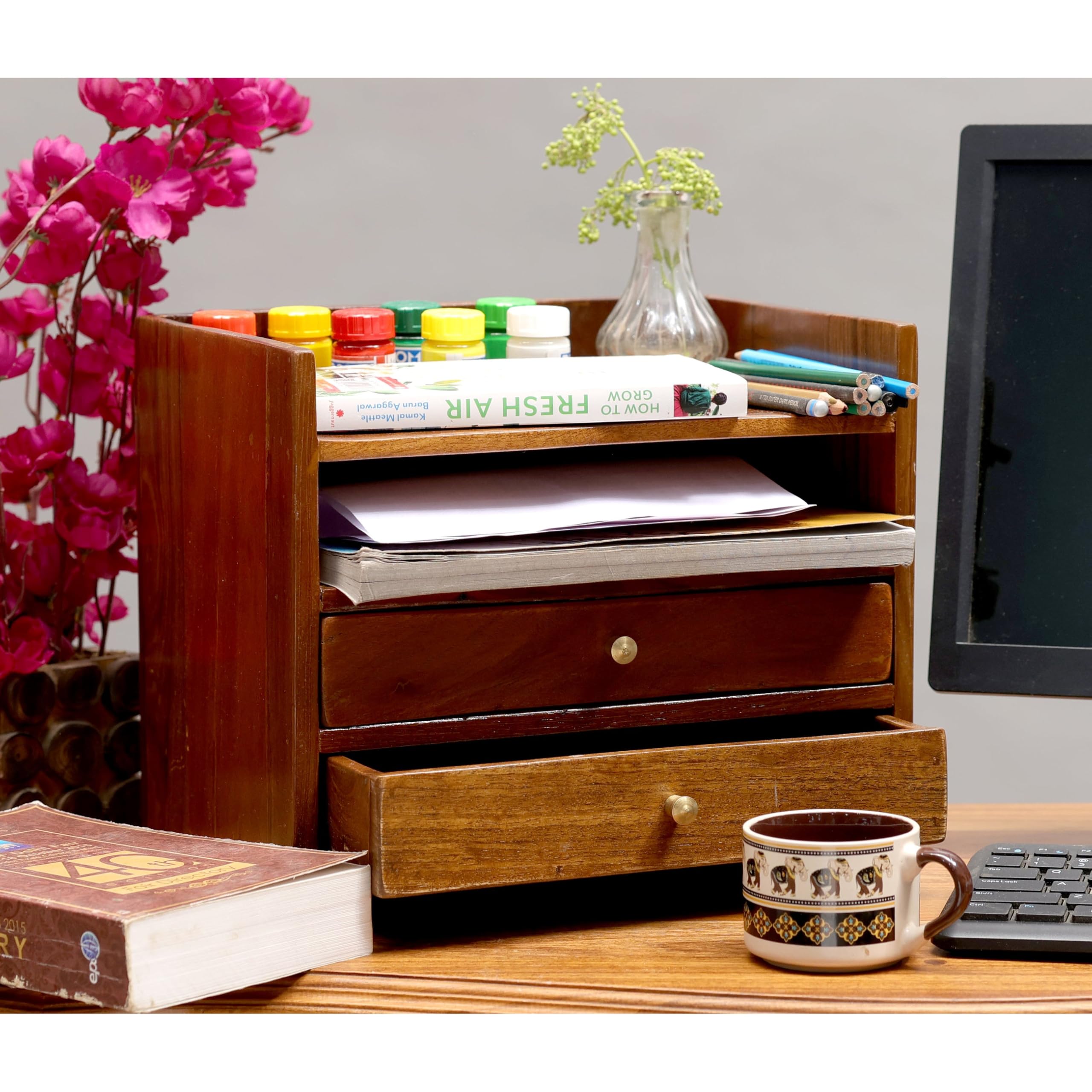 Organizer da scrivania in legno, portapenne e portapenne con cassetto, organizer multiuso, supporto mobile e supporto per telecomando, per scrivania, scrivania, tavolo, scatola