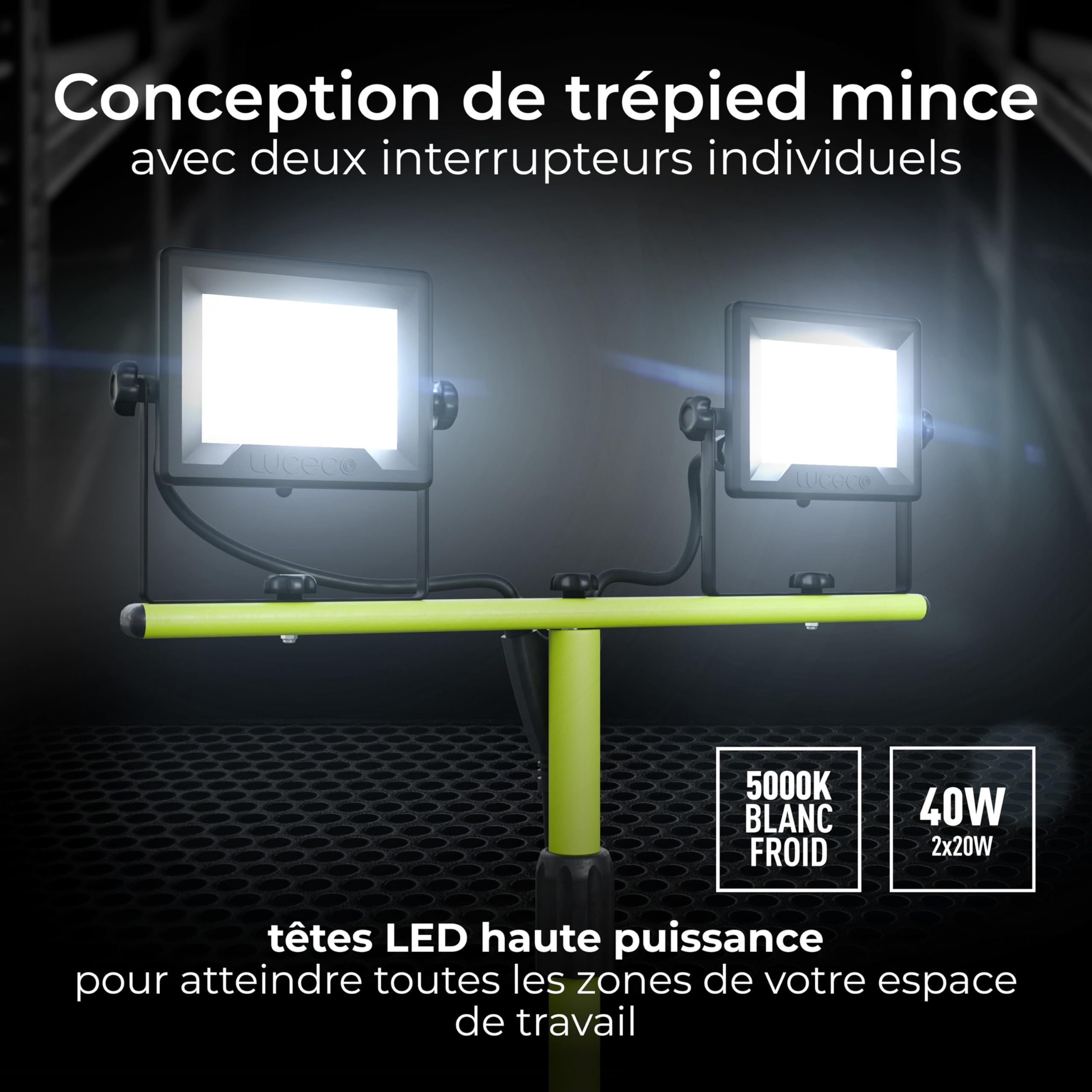 Luceco Treppiede LED a Doppia Testa da Lavoro, Sottile, Regolabile, Multiposizione, Pieghevole, Cavo da 3m, Resistente alle Intemperie, Nero/Verde, IP65, 2 × 20W, 3200lm, 5000K, EFLDTT20B50