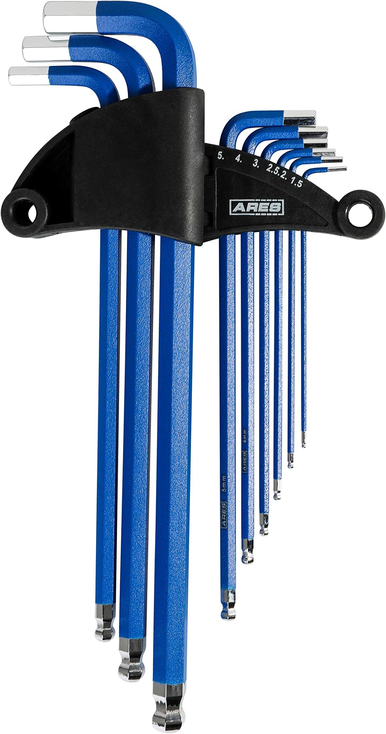 ARES 70165-9-Piece Metric Long Arm Ball End Hex Key Wrench Set - Chrome Finish with Blue High Visibility Anti-Slip Coating - Convenient Storage Case Included