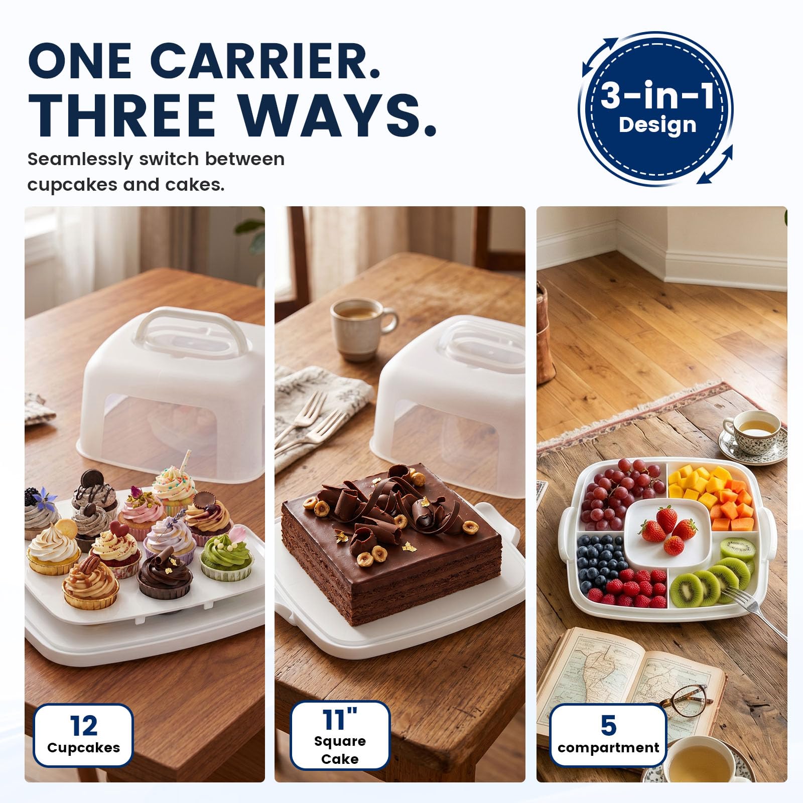 VGOODALL Support à gâteau carré blanc avec couvercle pour 12 cupcakes 2 en 1 portable pour gâteau, tarte, muffin, cordonnier