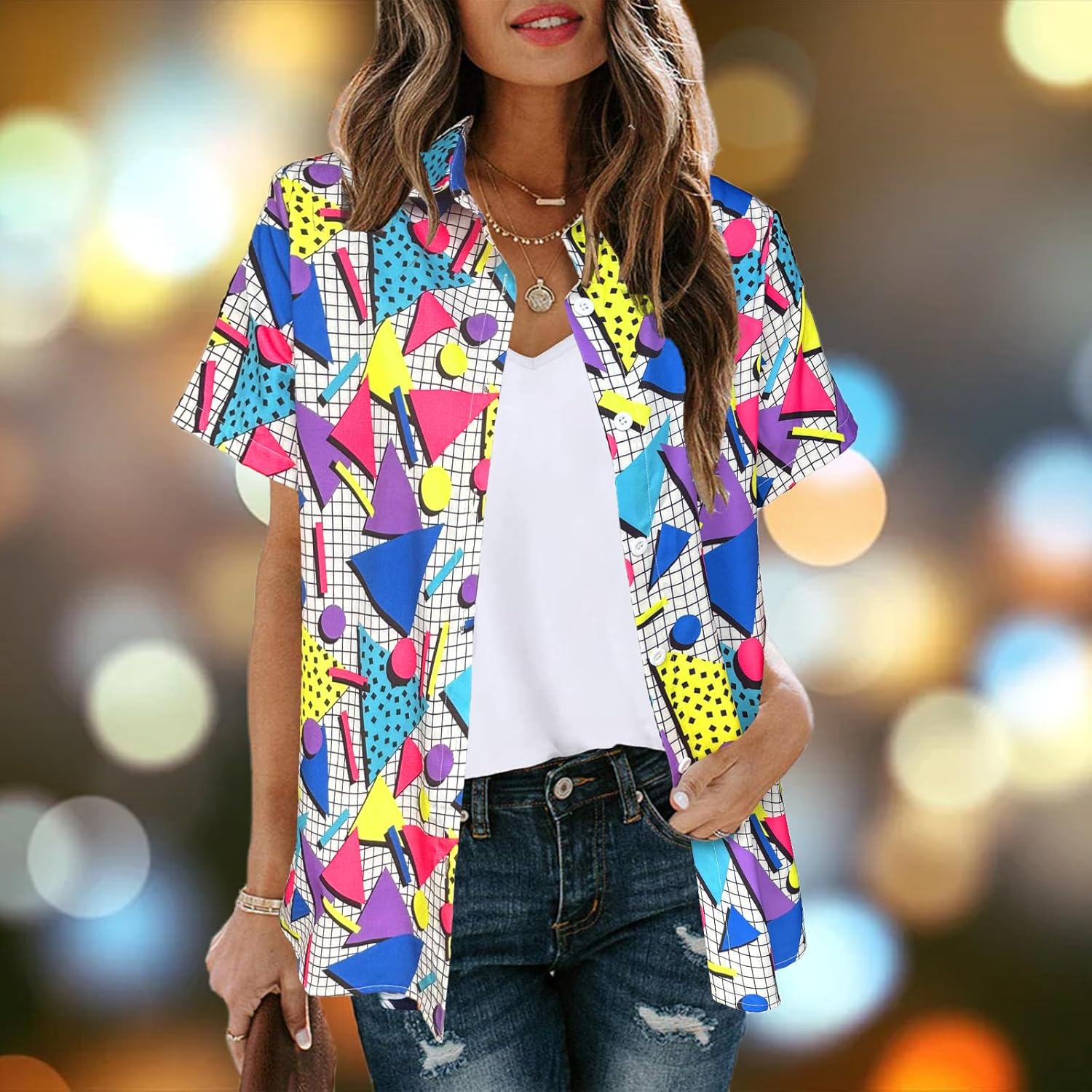 80s 90s Outfits for Women Hawaiian Retro Party Disco Neon Outfits Neon Short Sleeve Button Down Blouse Tops - Image 3