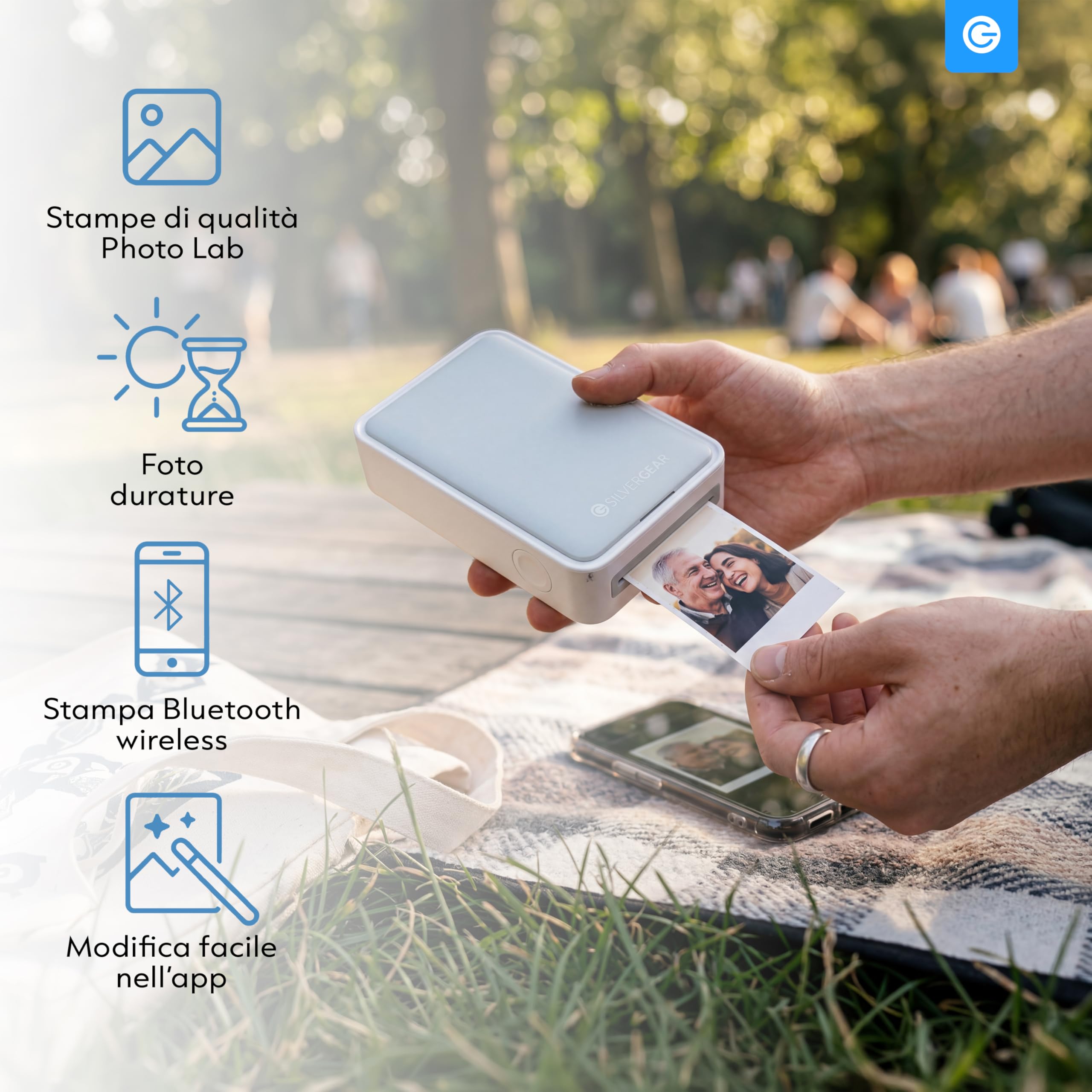 Silvergear® Stampante fotografica per smartphone, mini stampante Bluetooth con app, iOS e Android, stampante istantanea da 300 dpi, sublimazione a colori a 4 pass, matrimonio e journaling, con fogli