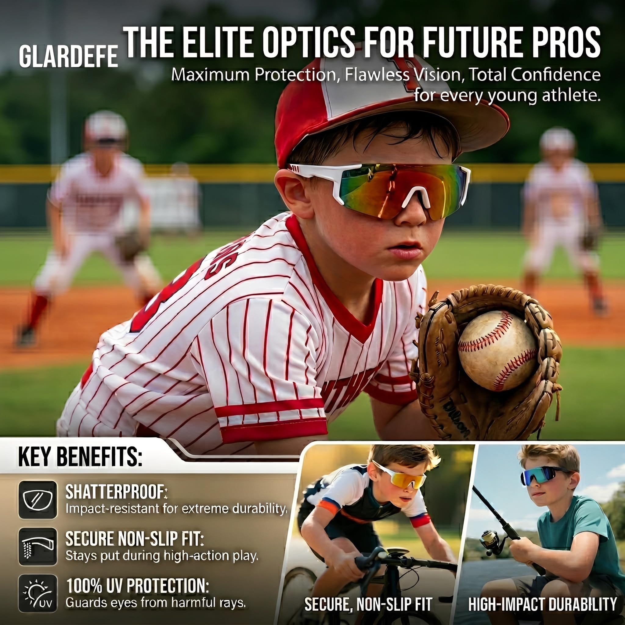 Baseball-Sonnenbrille für Kinder, Jugend-Baseball-Sonnenbrille für Kleinkinder, Jungen, Mädchen, Sport-Softball-Schattierungen, Alter 3–10 Jahre