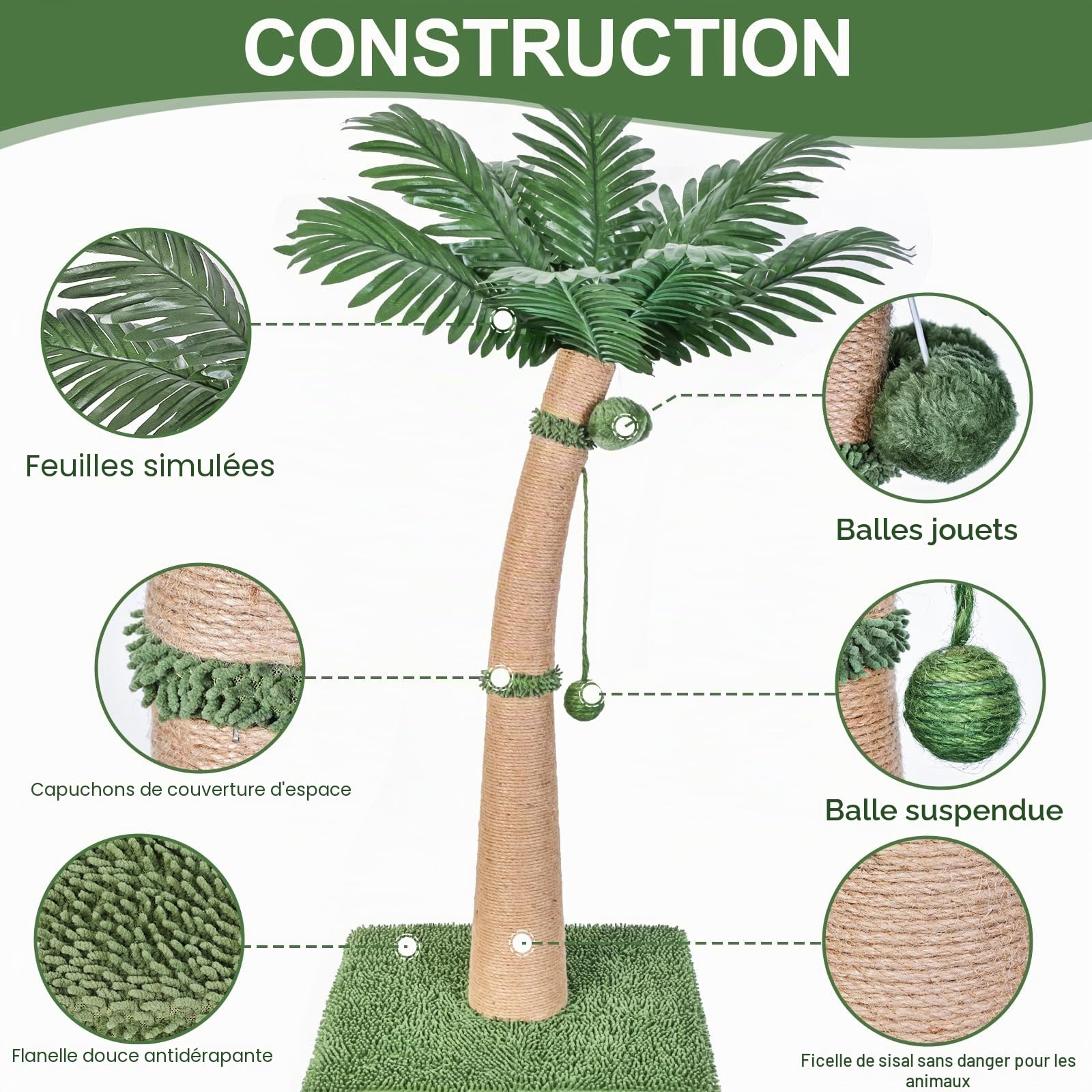 Arbre à chat de 102 cm de haut, arbre à chat avec design courbé, griffoir avec 3 balles interactives, corde de sisal naturel pour arbre à chat pour chats d'intérieur adultes et chatons, combinable