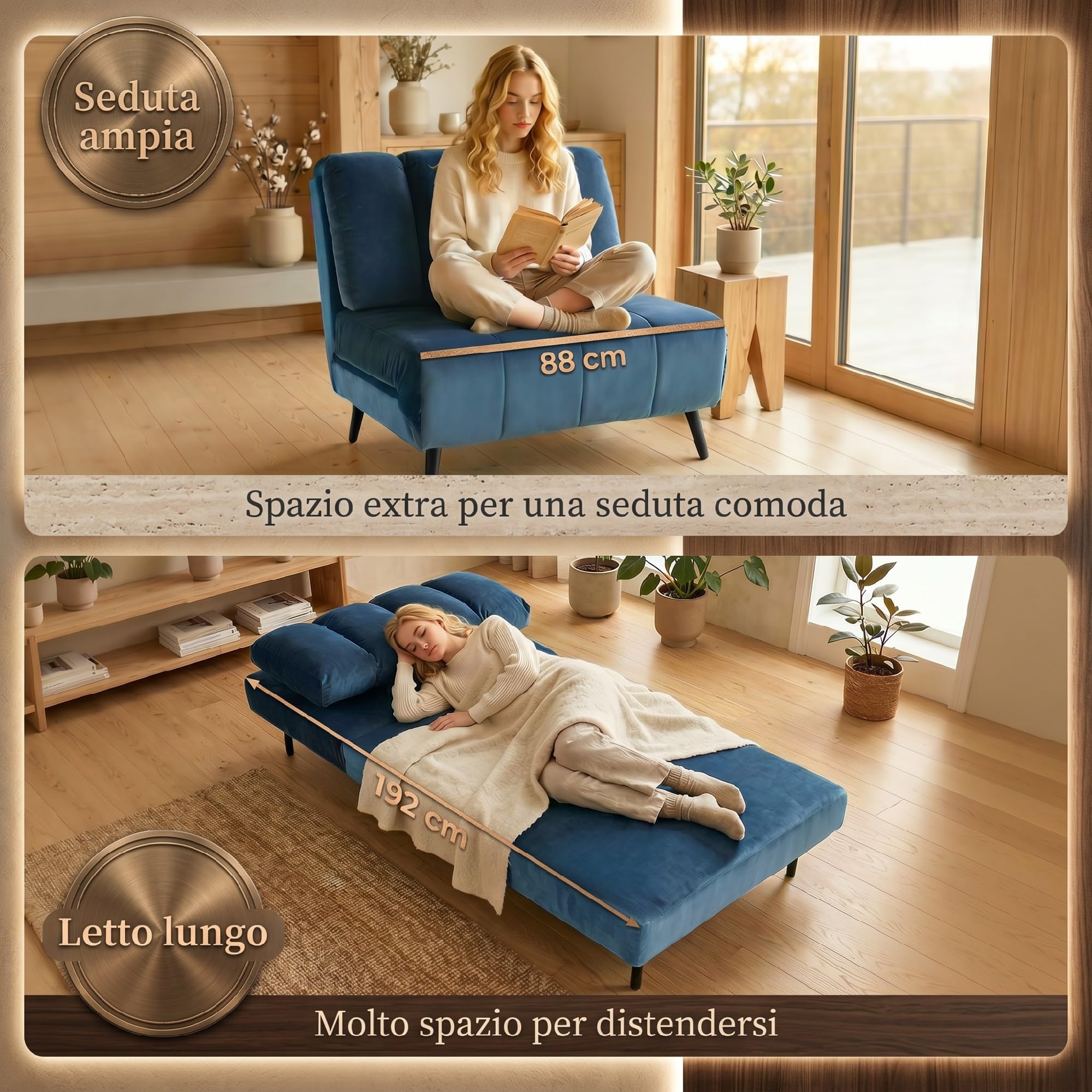 HOMCOM Poltrona Letto Singolo 3 in 1 Pieghevole Trasformabile, Schienale Regolabile 3 Posizioni, Cuscino Spesso, Divano Letto in Velluto, Soggiorno, Camera da Letto, Facile Montaggio, 88x92x88cm, Blu